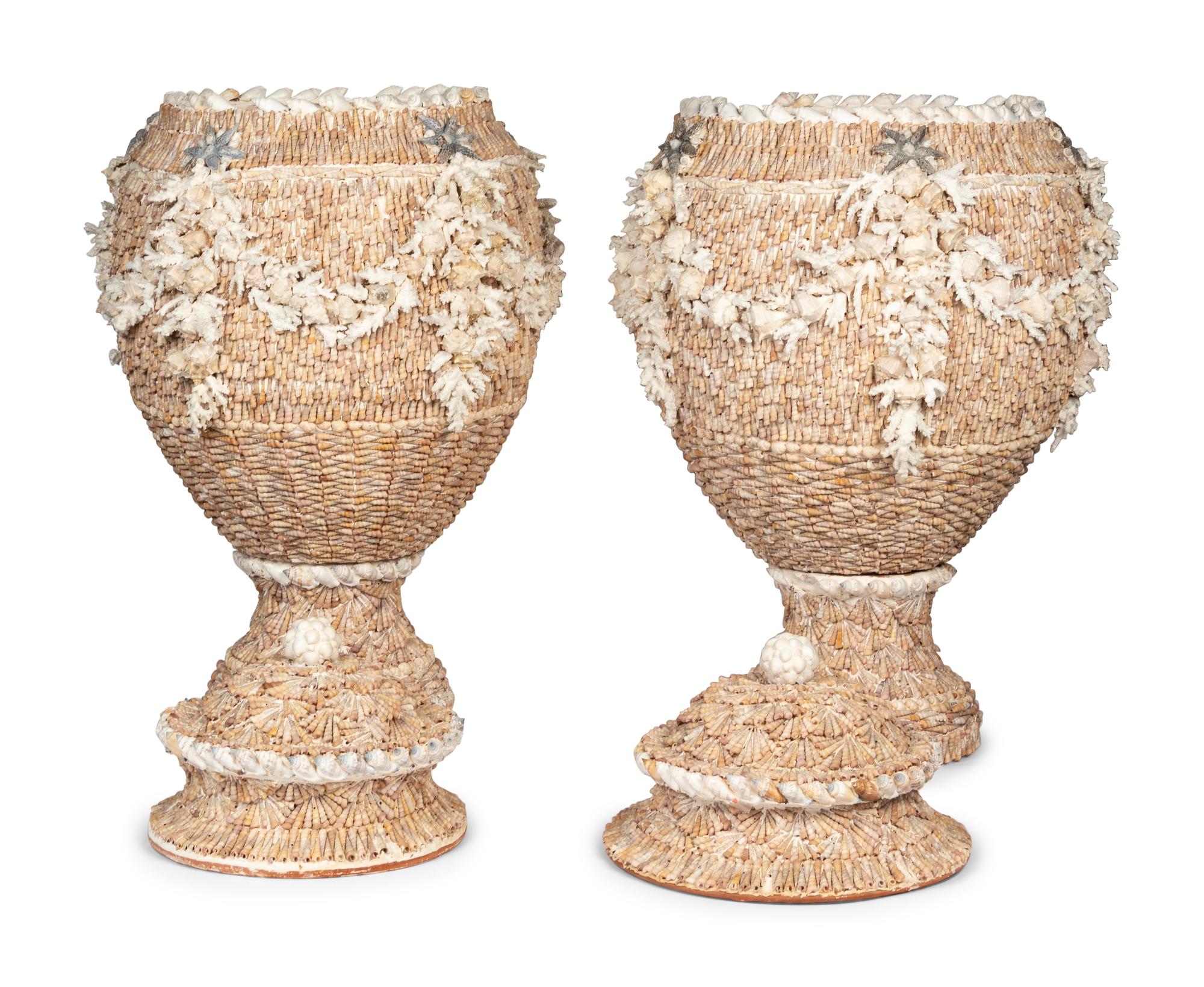 A Pair of Shell-Encrusted Baluster-Form Urns and Covers