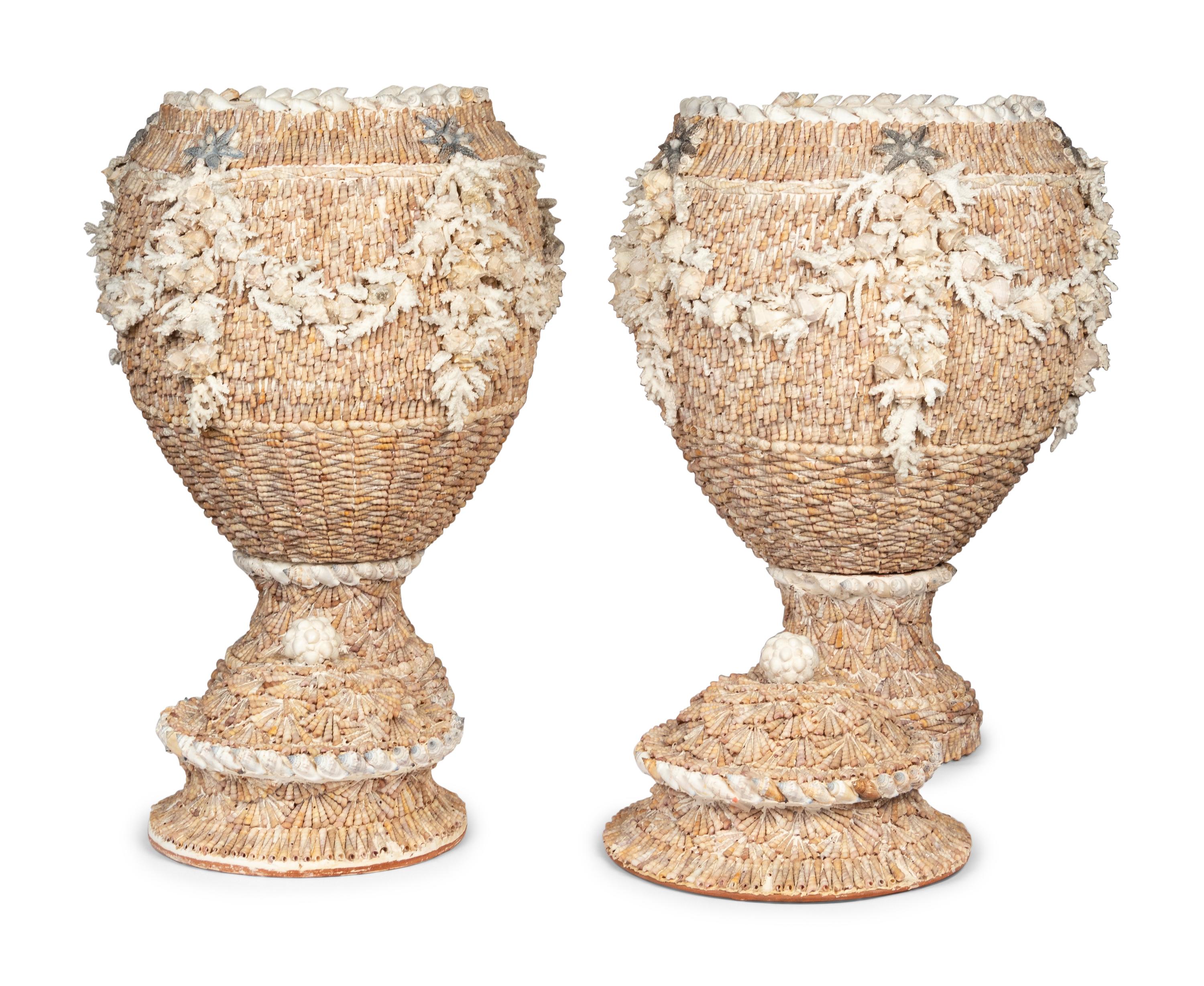 A Pair of Shell-Encrusted Baluster-Form Urns and Covers