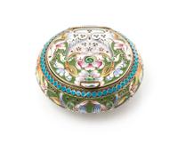 A Russian Enameled Silver Snuff Box, Mark of Third Jewelry Artel, St. Petersburg, early 20th century, of circular form, the case having