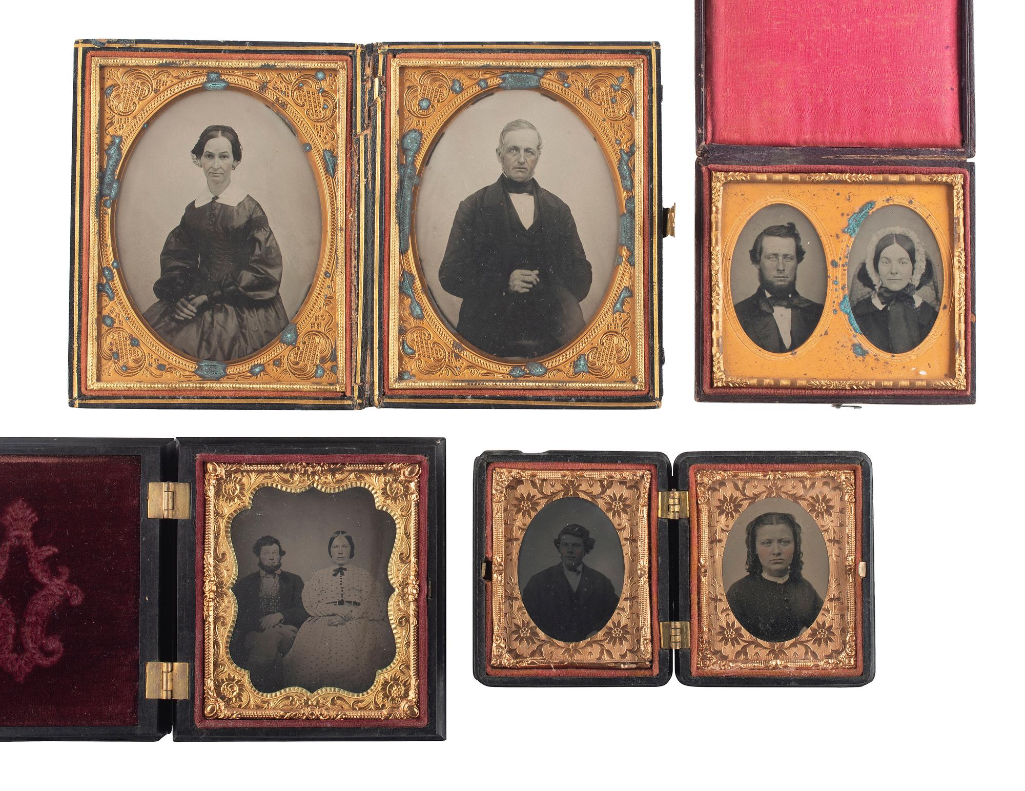 [EARLY PHOTOGRAPHY]. A group of 12 daguerreotypes, ambrotypes, and tintypes of couples housed in 8 cases, including some Union cases.
