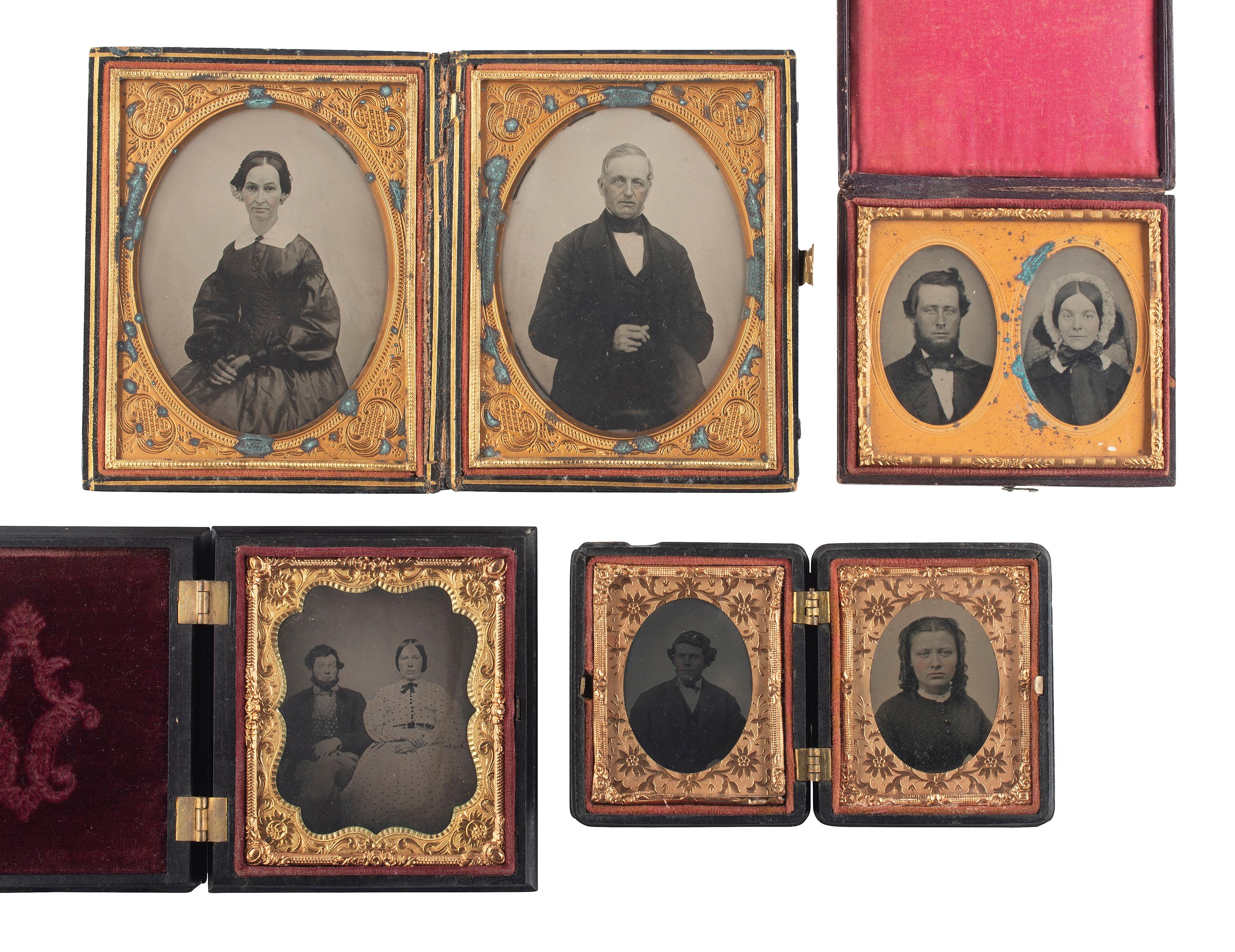 [EARLY PHOTOGRAPHY]. A group of 12 daguerreotypes, ambrotypes, and tintypes of couples housed in 8 cases, including some Union cases.