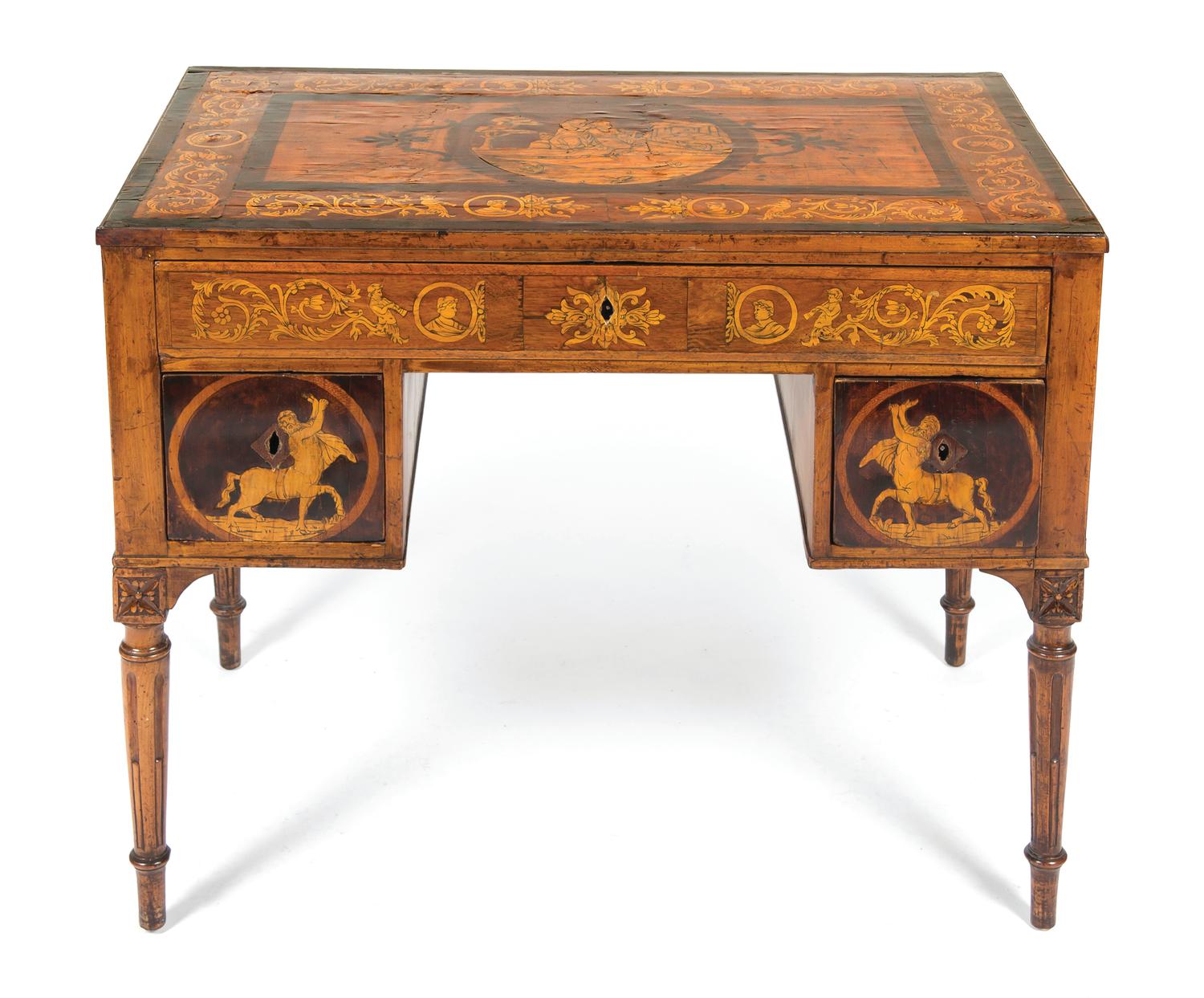 A Continental Fruitwood and Marquetry Writing Desk, Height 29 x width 36 x depth 21 inches.