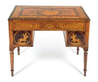 A Continental Fruitwood and Marquetry Writing Desk, Height 29 x width 36 x depth 21 inches.