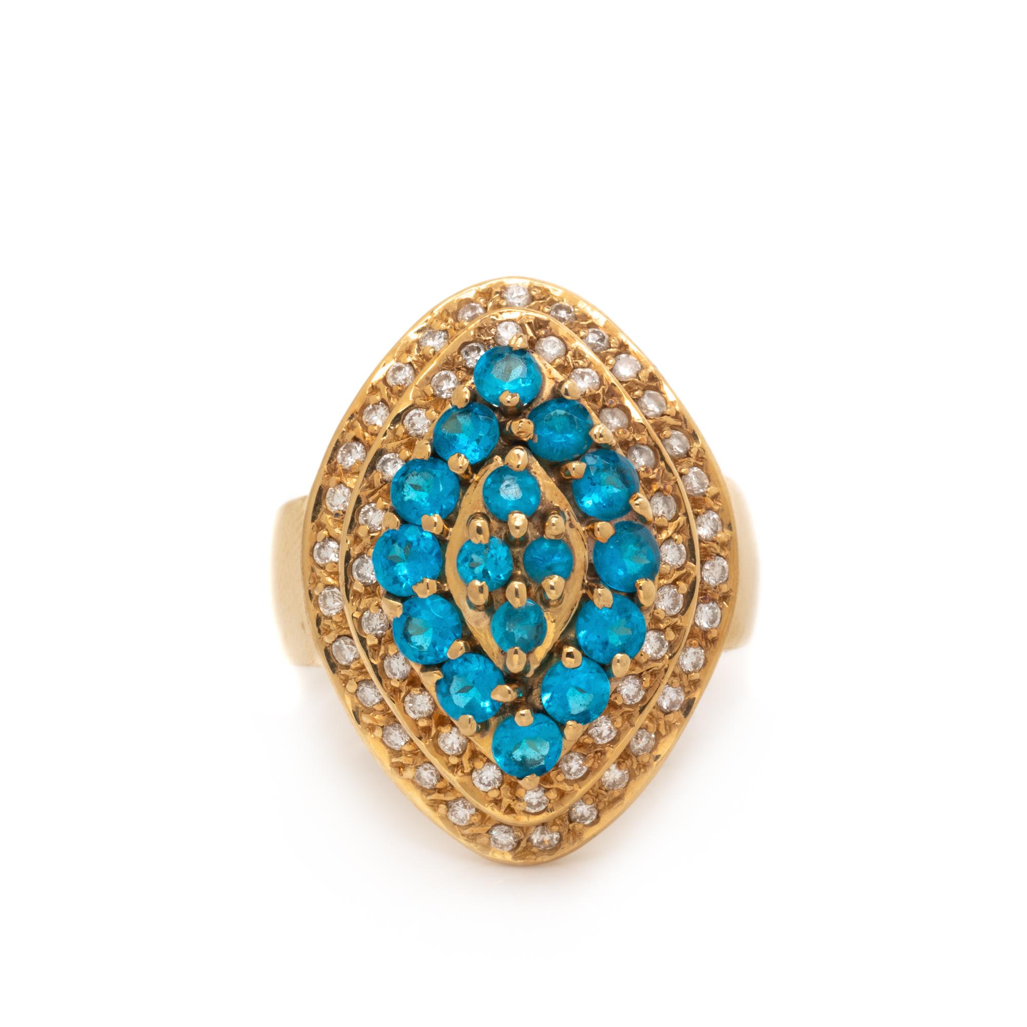 BLUE GLASS, DIAMOND, AND YELLOW GOLD RING