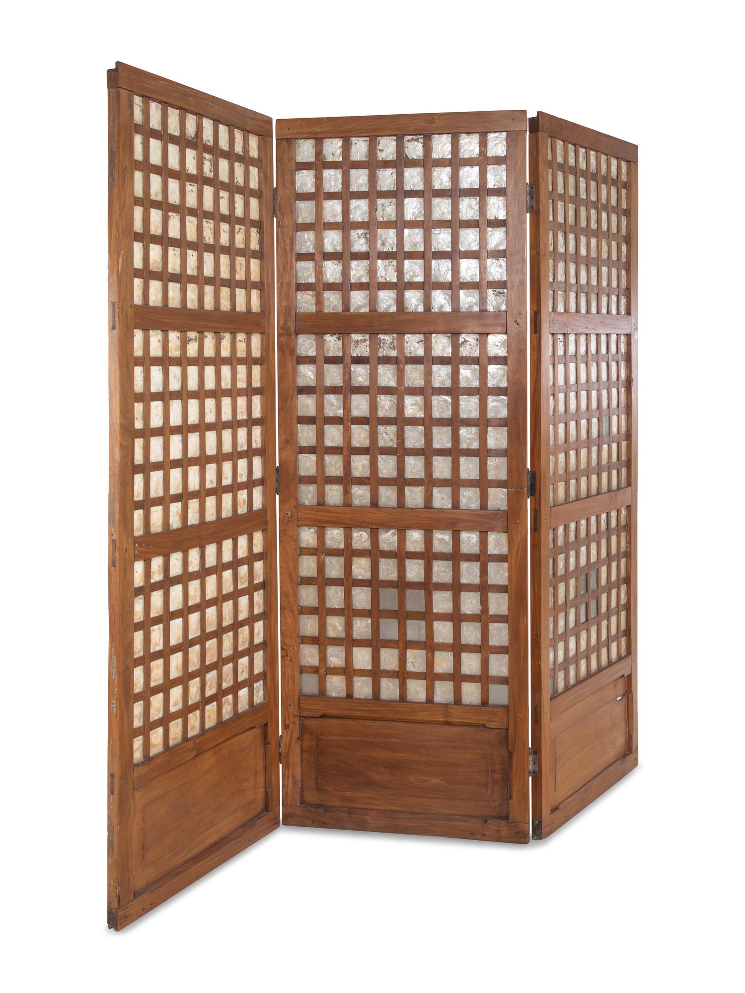 A Philippine Wood and Capiz Shell Three-Panel Floor Screen