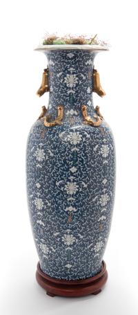 A Chinese Blue Ground Gilt Decorated Porcelain Vase Height 24 inches. — 20TH CENTURY
