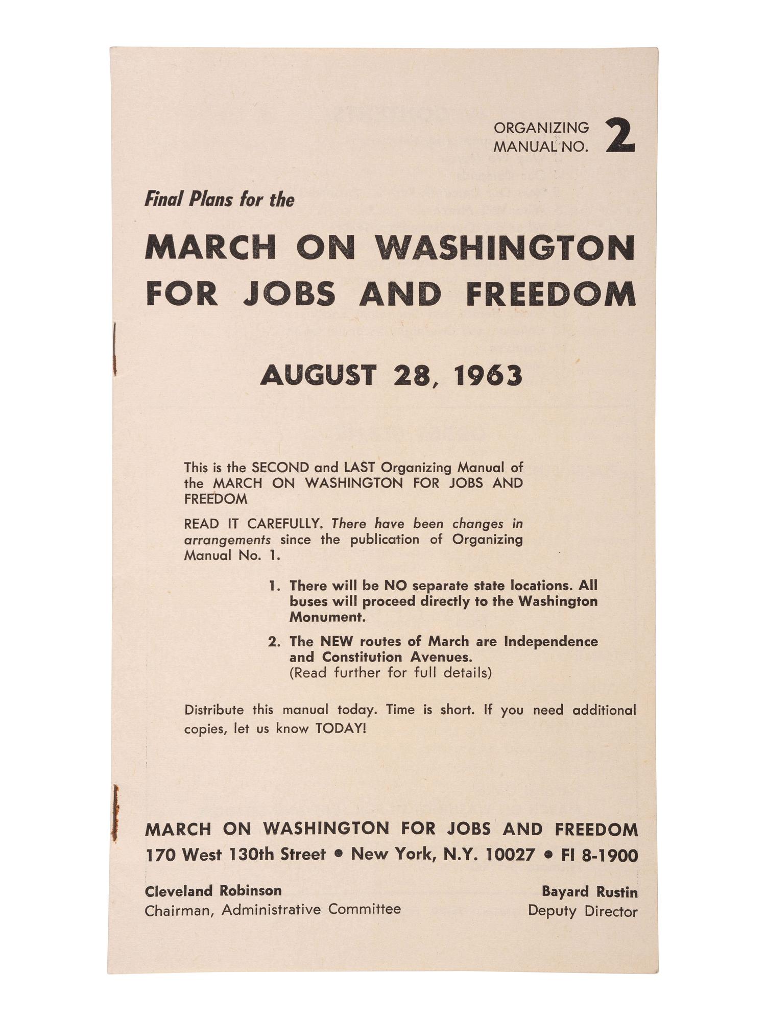 [CIVIL RIGHTS]. Final Plans for the March on Washington for Jobs and Freedom. Organizing Manual No. 2 . New York: National Office, March on Washington, 1963.