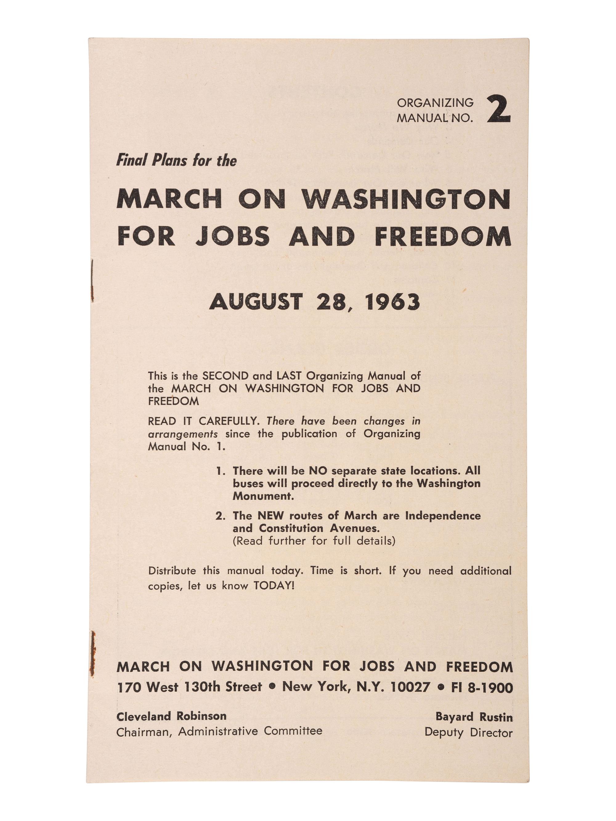 [CIVIL RIGHTS]. Final Plans for the March on Washington for Jobs and Freedom. Organizing Manual No. 2 . New York: National Office, March on Washington, 1963.