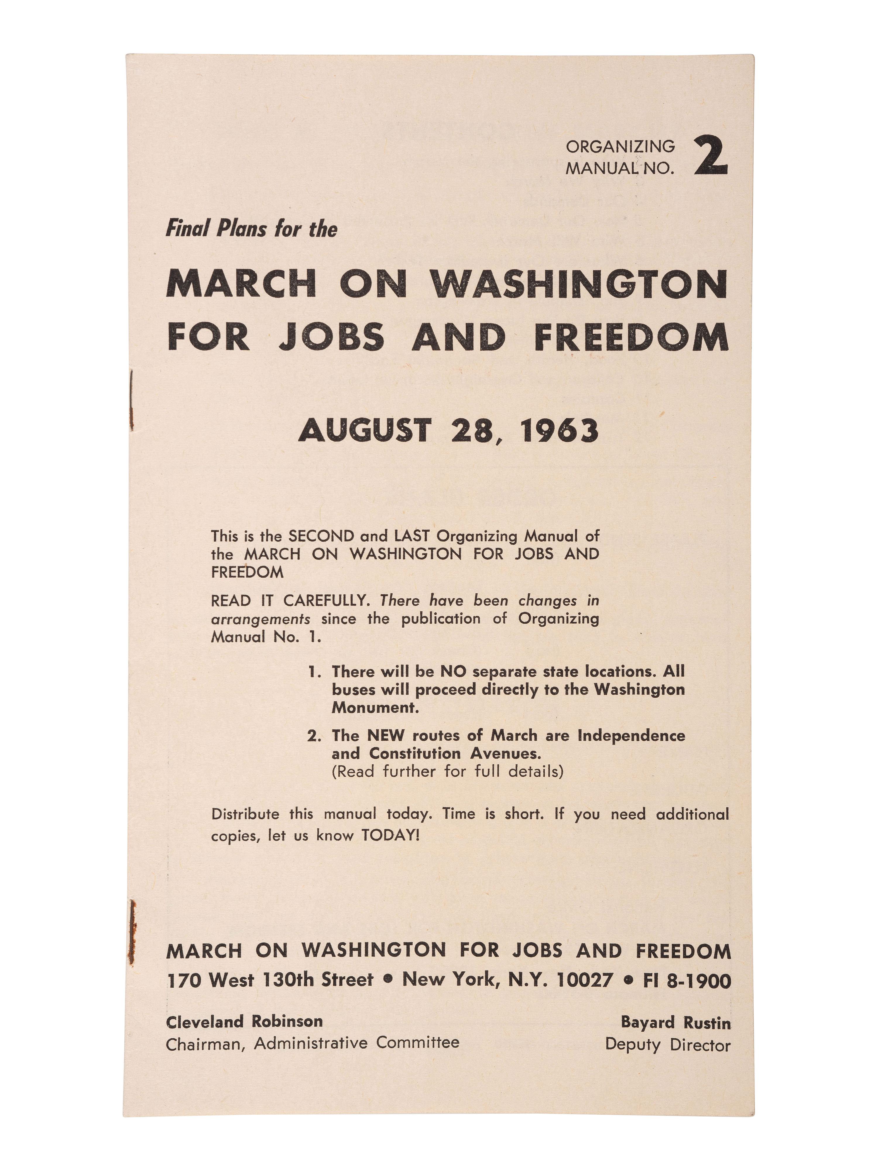 [CIVIL RIGHTS]. Final Plans for the March on Washington for Jobs and Freedom. Organizing Manual No. 2 . New York: National Office, March on Washington, 1963.