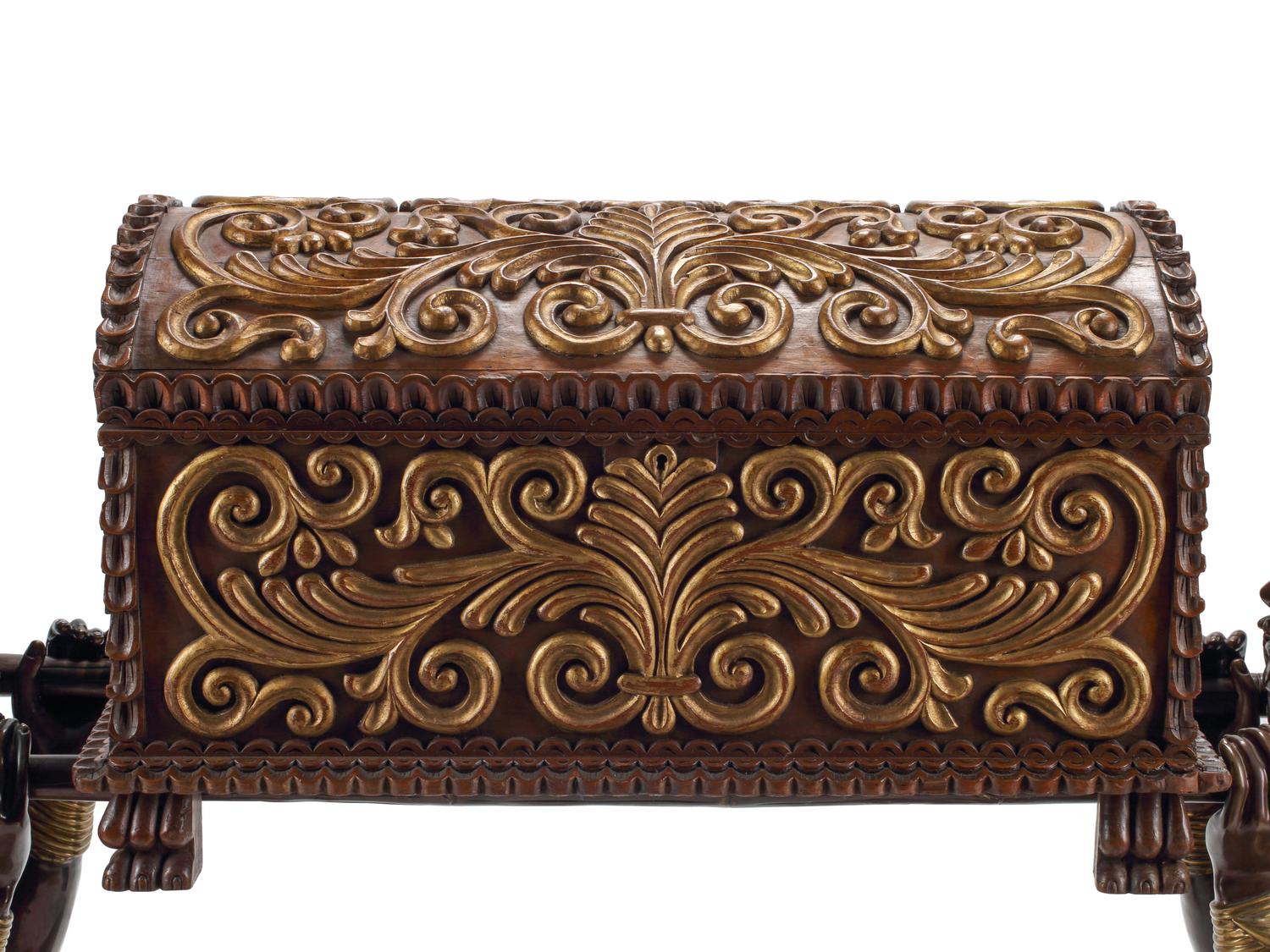 A Pair of Parcel-Gilt Bronze Kneeling Chinoiserie Figures with a Carved Wood Chest