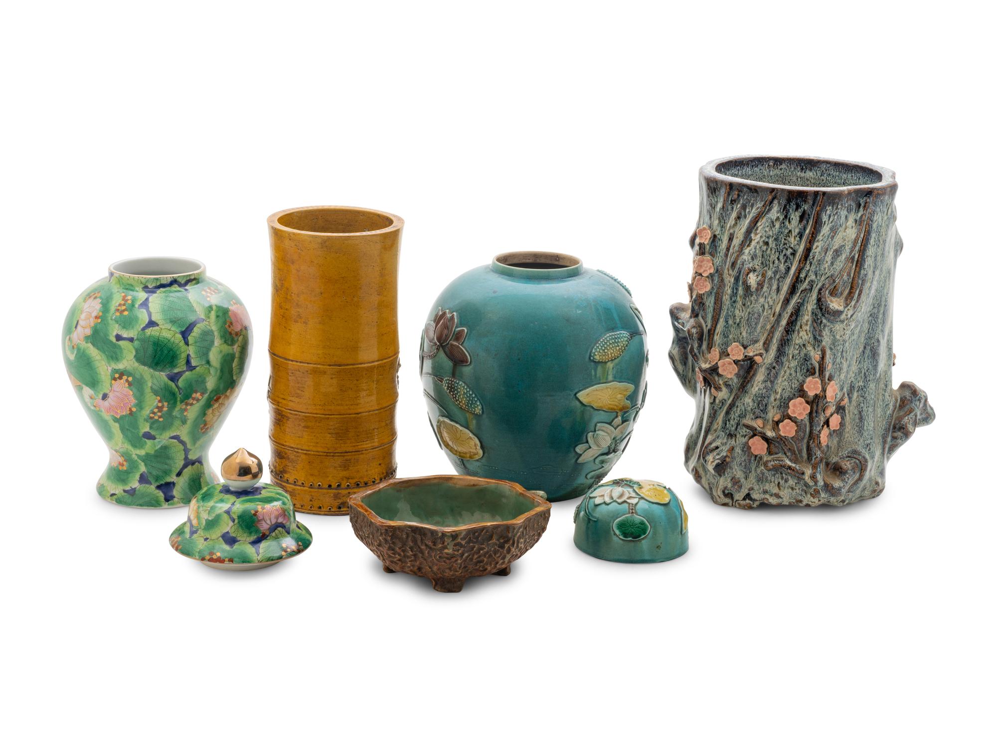 Five Chinese Polychrome Glazed Porcelain and Ceramic Wares