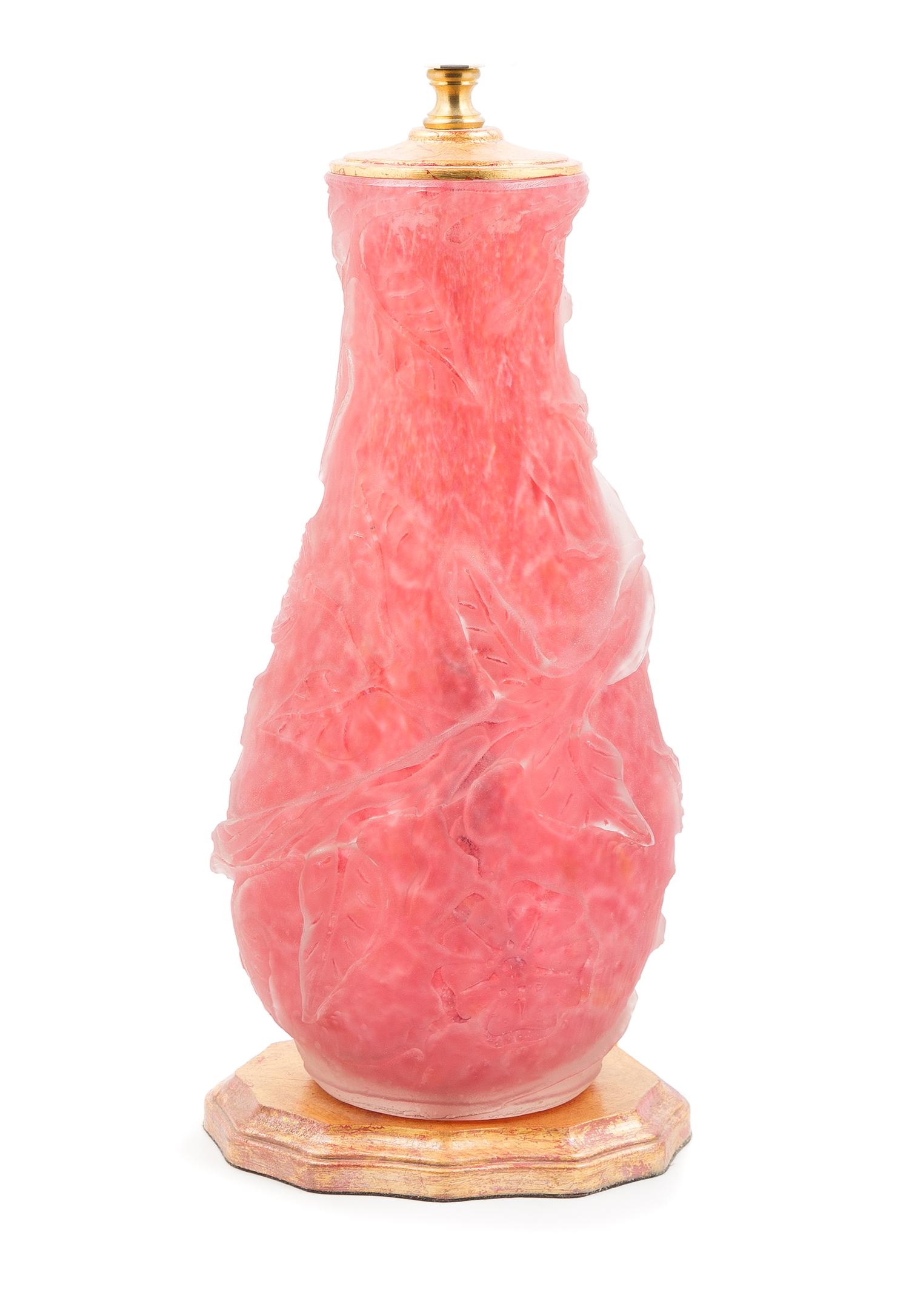 Steuben, 20TH CENTURY, a rose quartz lamp, with applied matsu-no-ke decoration