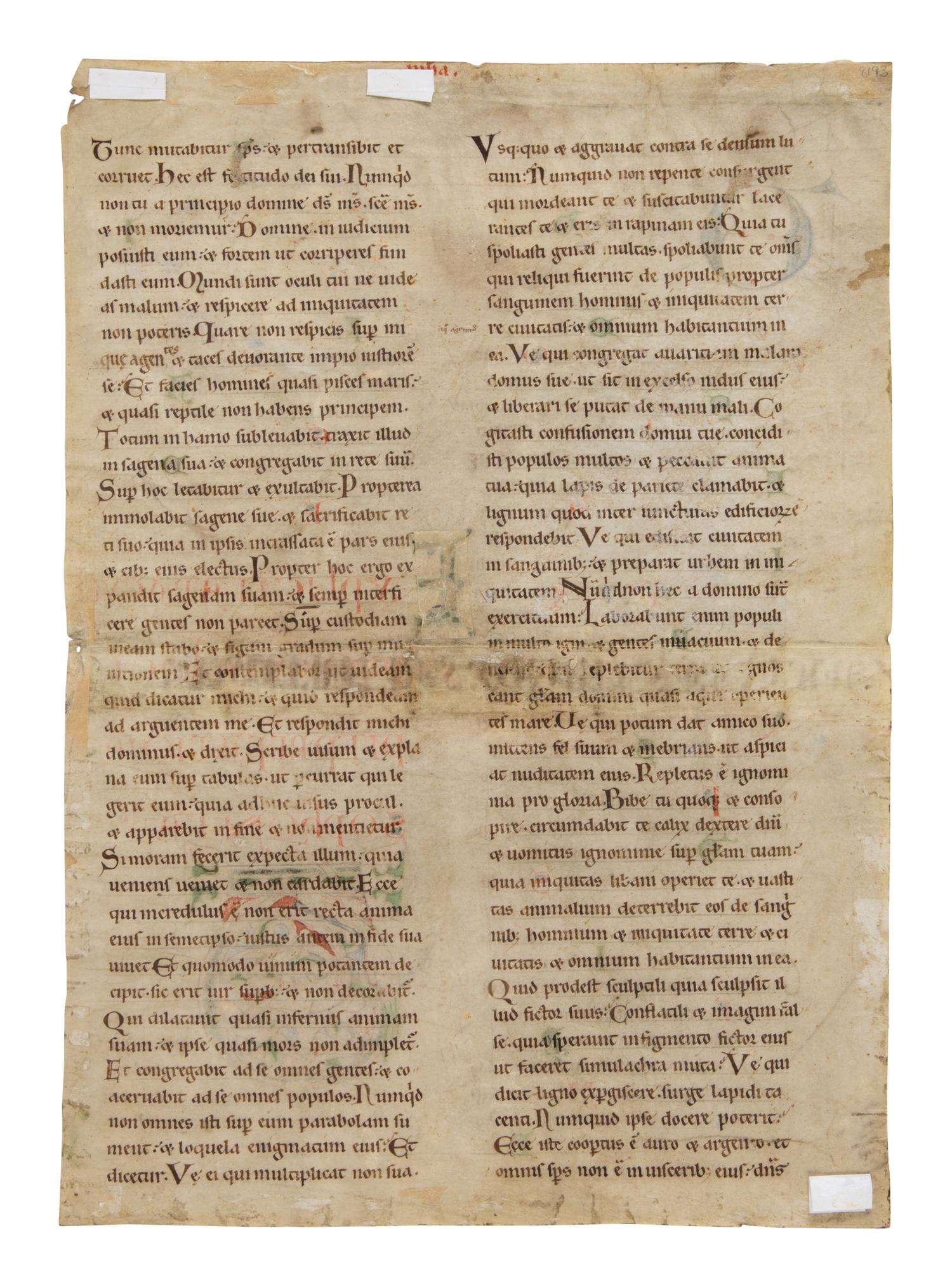 MOSAN ILLUMINATOR(?) Single leaf with decorated Initial ‘T’ from a Lectern Bible, in Latin, illuminated manuscript on parchment [The Netherlands, Mosan? c. 1150]