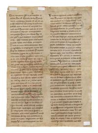 MOSAN ILLUMINATOR(?) Single leaf with decorated Initial ‘T’ from a Lectern Bible, in Latin, illuminated manuscript on parchment [The Netherlands, Mosan? c. 1150]