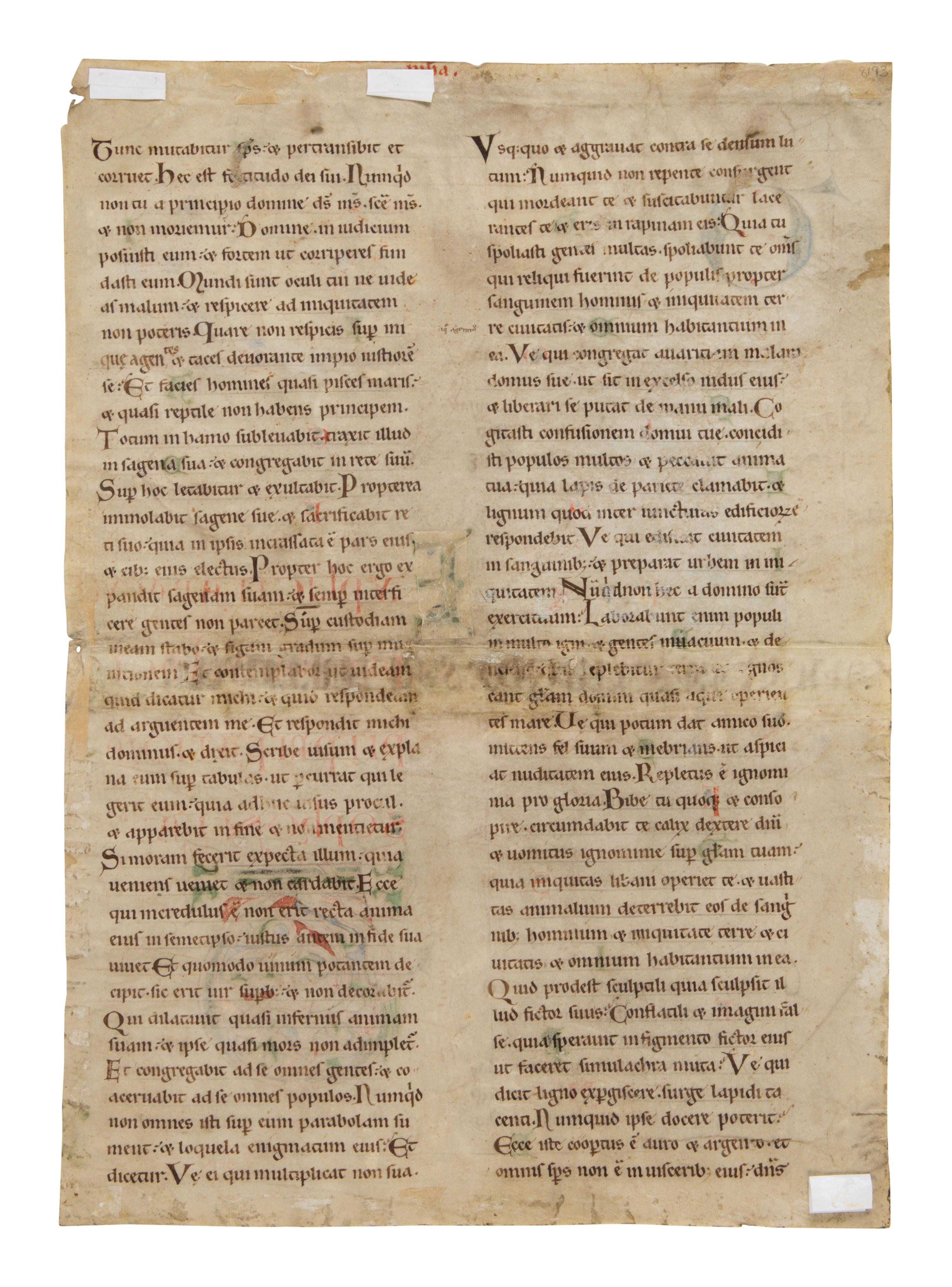 MOSAN ILLUMINATOR(?) Single leaf with decorated Initial ‘T’ from a Lectern Bible, in Latin, illuminated manuscript on parchment [The Netherlands, Mosan? c. 1150]