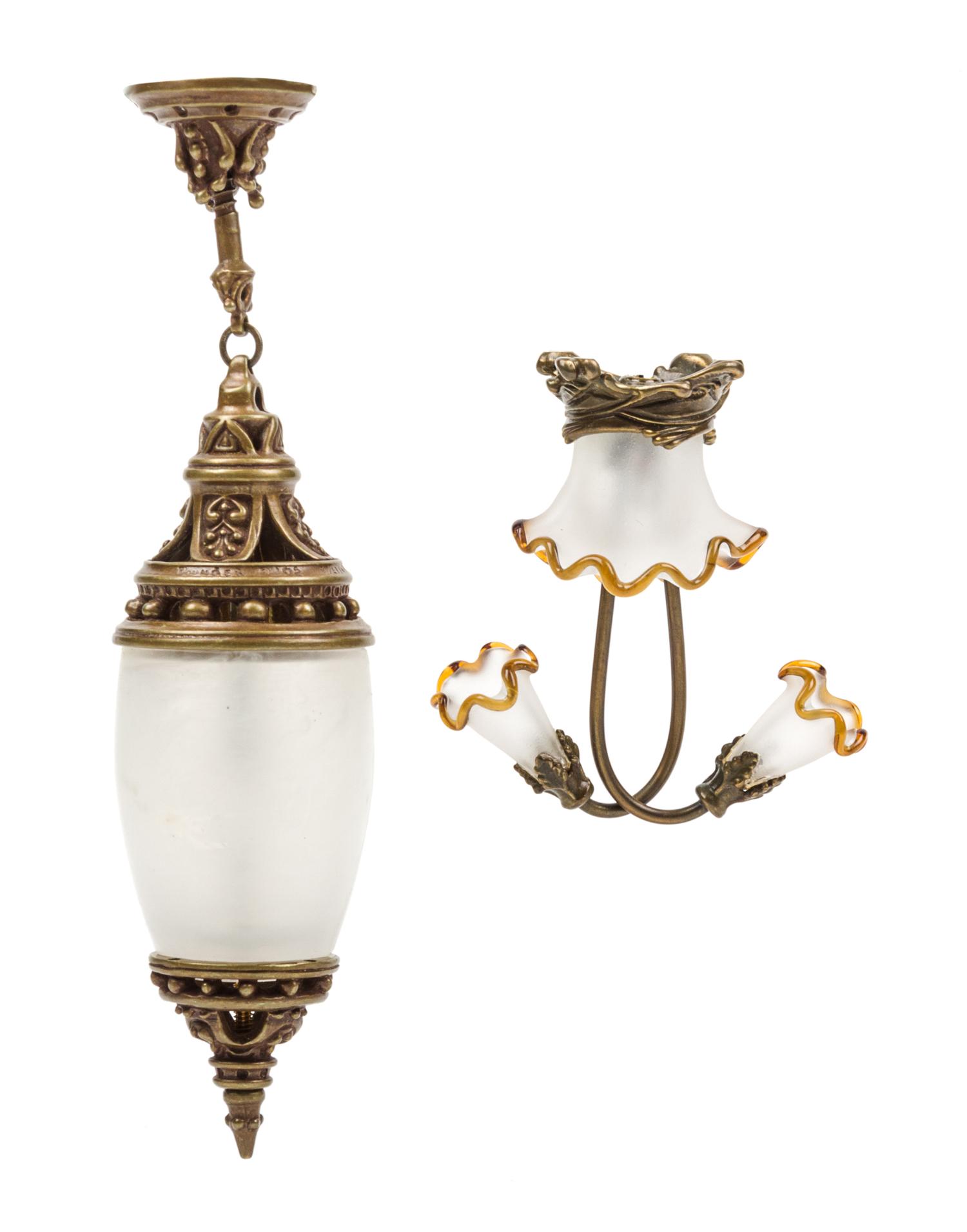 Two Bronze and Frosted Glass Light Fixtures Height of lantern 3 3/4 inches. — Jim Pounder