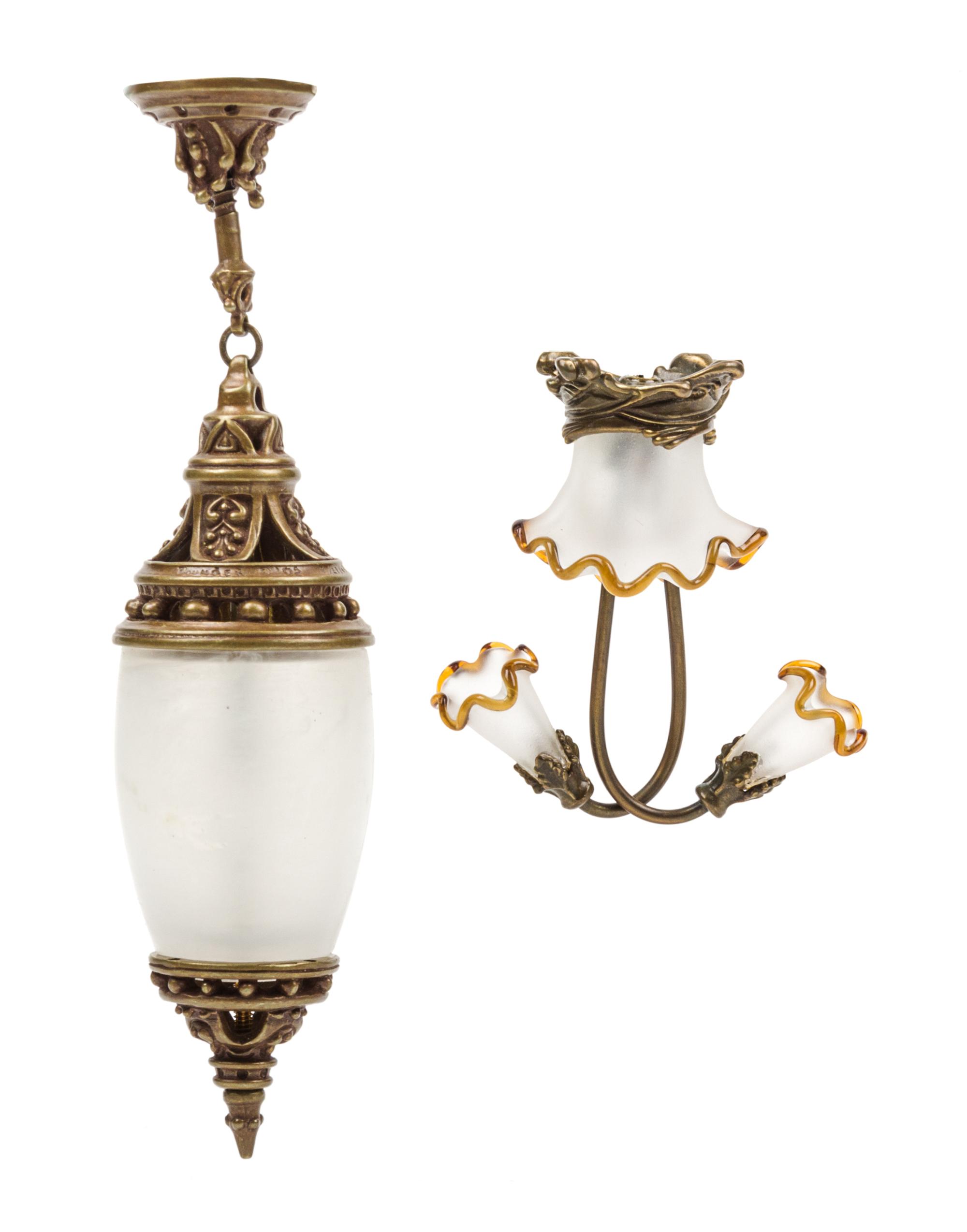 Two Bronze and Frosted Glass Light Fixtures Height of lantern 3 3/4 inches. — Jim Pounder