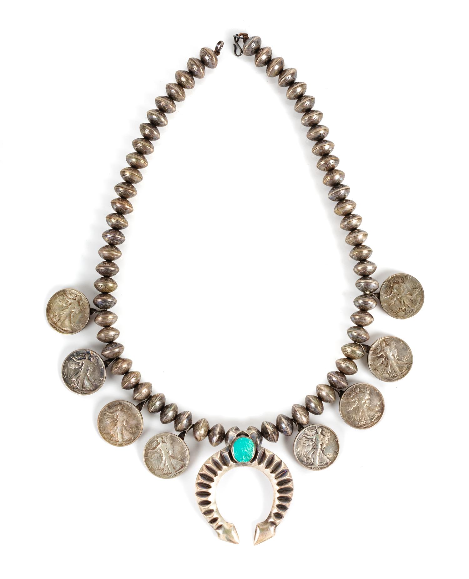 Coin Silver and Turquoise Squash Blossom Necklace