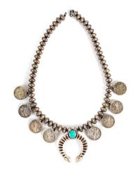 Coin Silver and Turquoise Squash Blossom Necklace