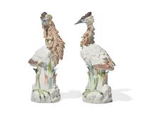 A pair of German porcelain figures of bitterns, likely A. W. Fr. Kister Porcelain Manufactory, Scheibe-Alsbach, Thuringia, circa 1900