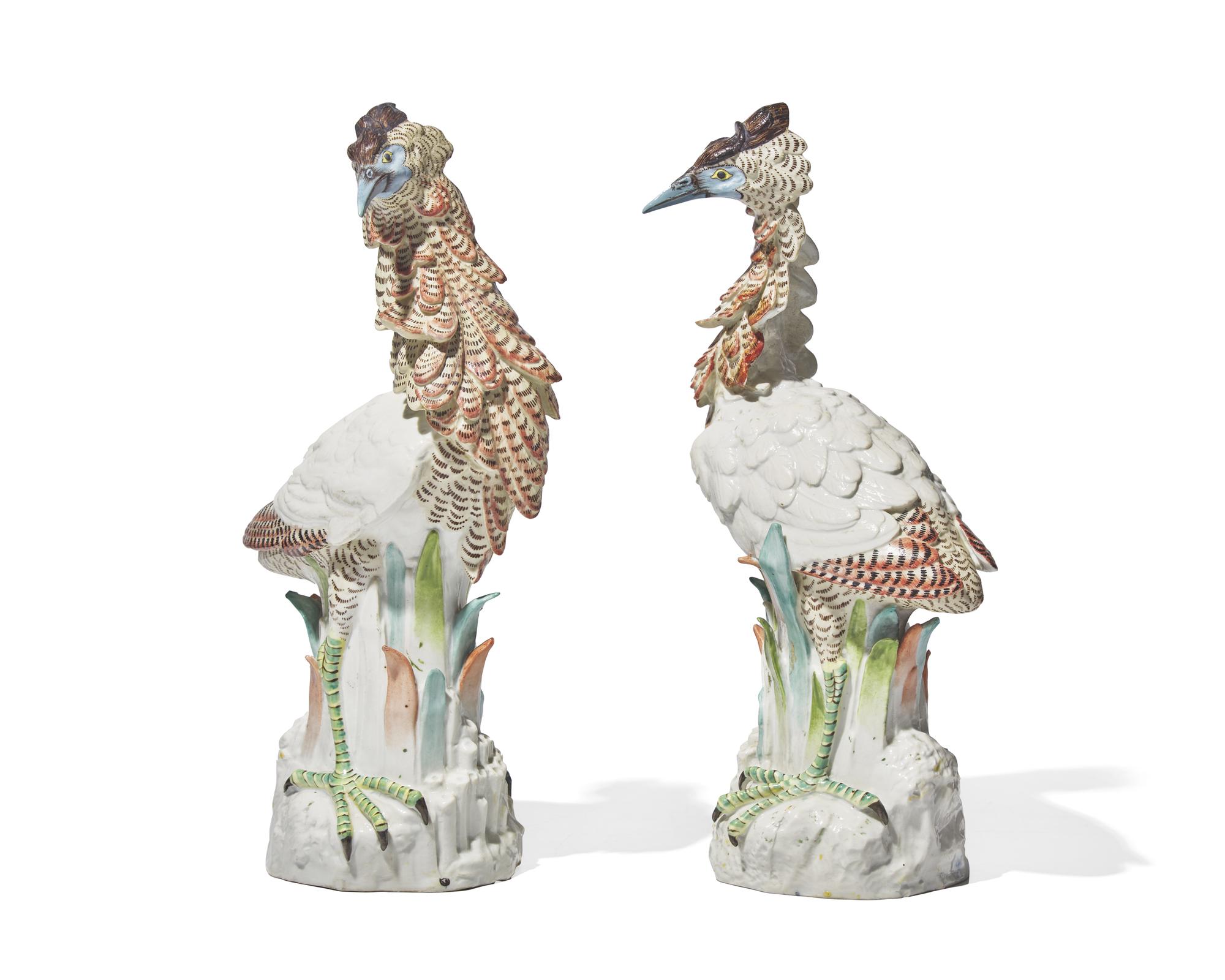 A pair of German porcelain figures of bitterns, likely A. W. Fr. Kister Porcelain Manufactory, Scheibe-Alsbach, Thuringia, circa 1900