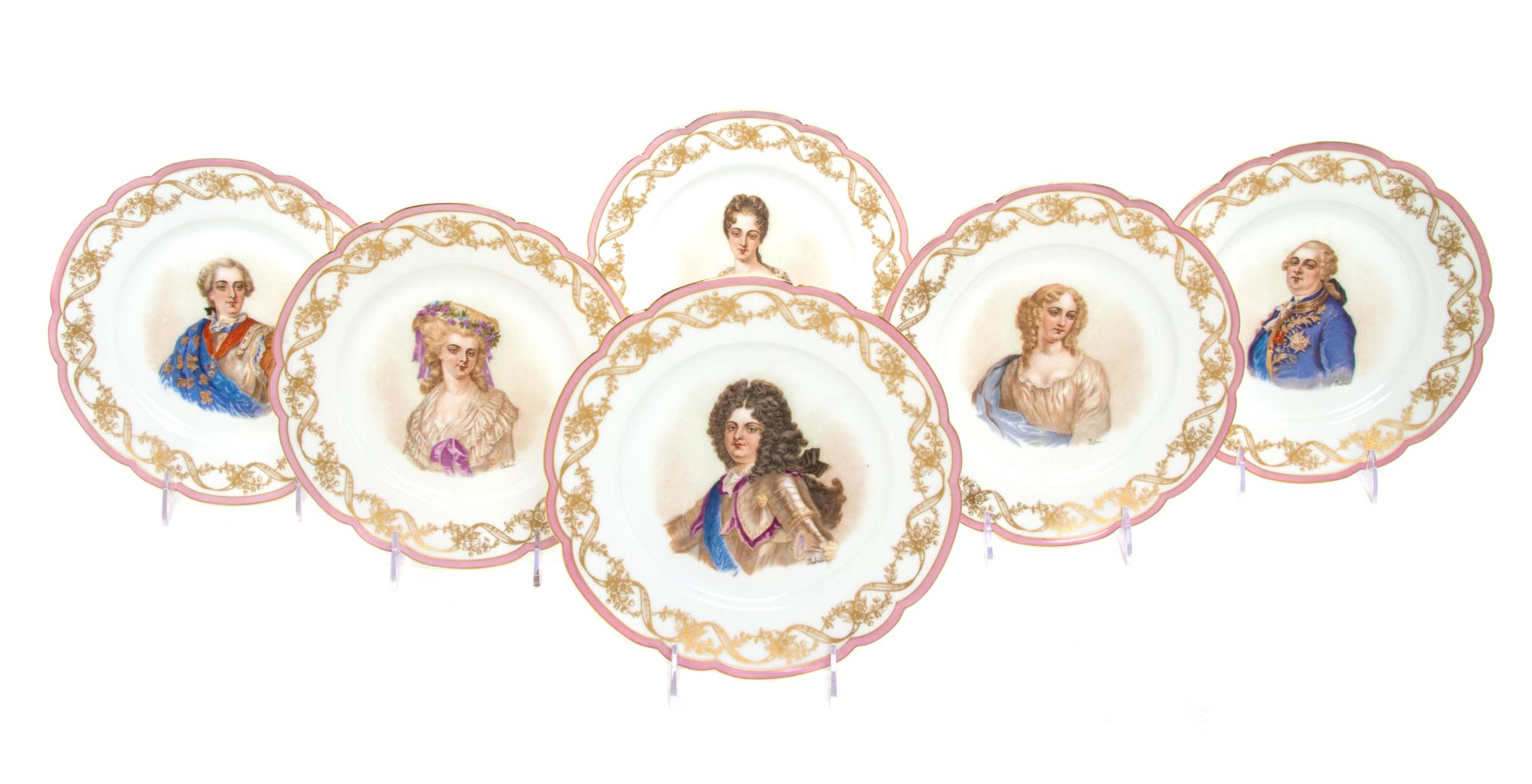 A Set of Twelve Sevres Style Porcelain Portrait Plates, Diameter 10 inches.