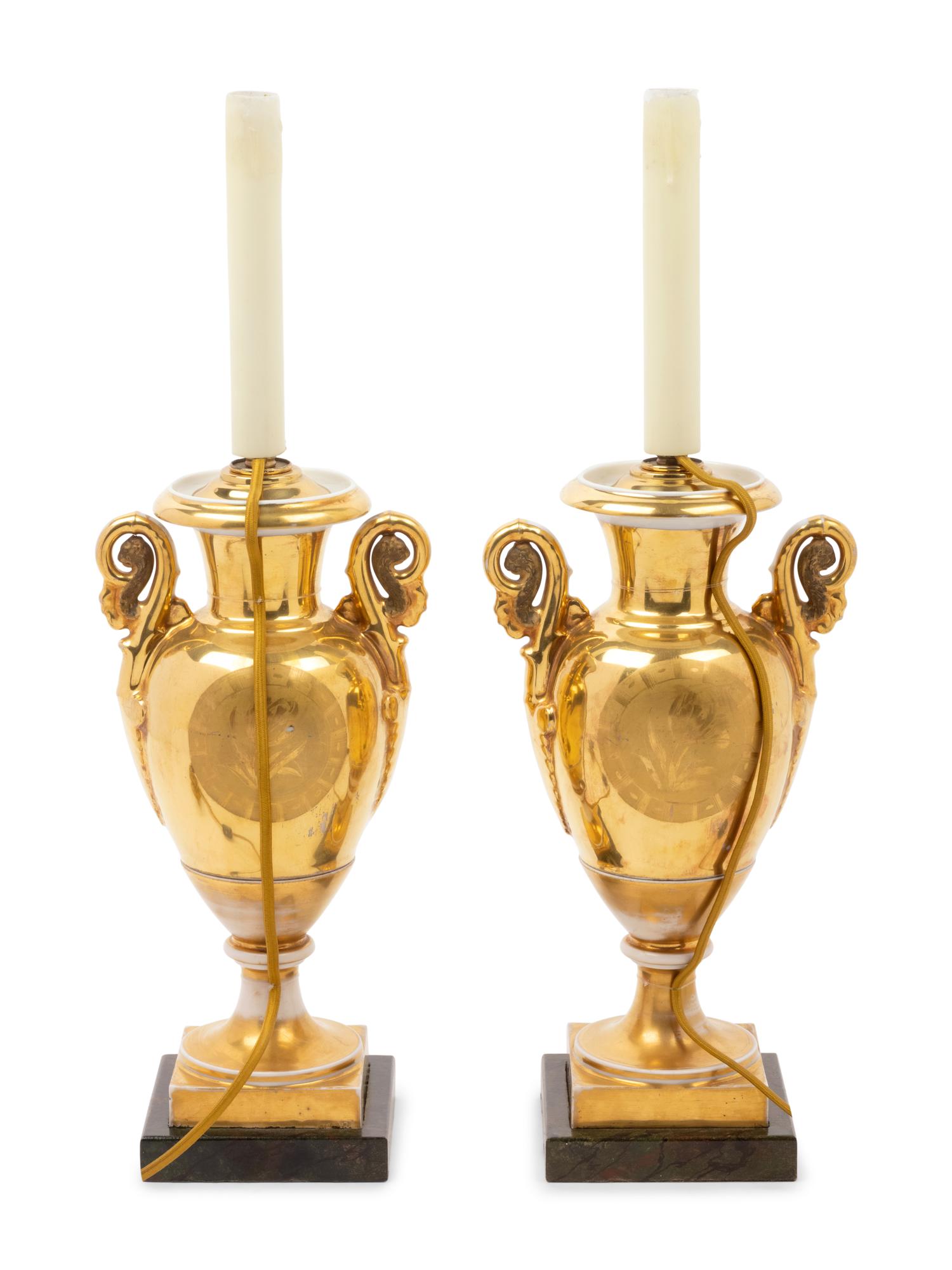 A Pair of Paris Porcelain Gold Ground Vases Mounted as Lamps with Faux Marble Bases and Silk Shades