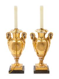 A Pair of Paris Porcelain Gold Ground Vases Mounted as Lamps with Faux Marble Bases and Silk Shades