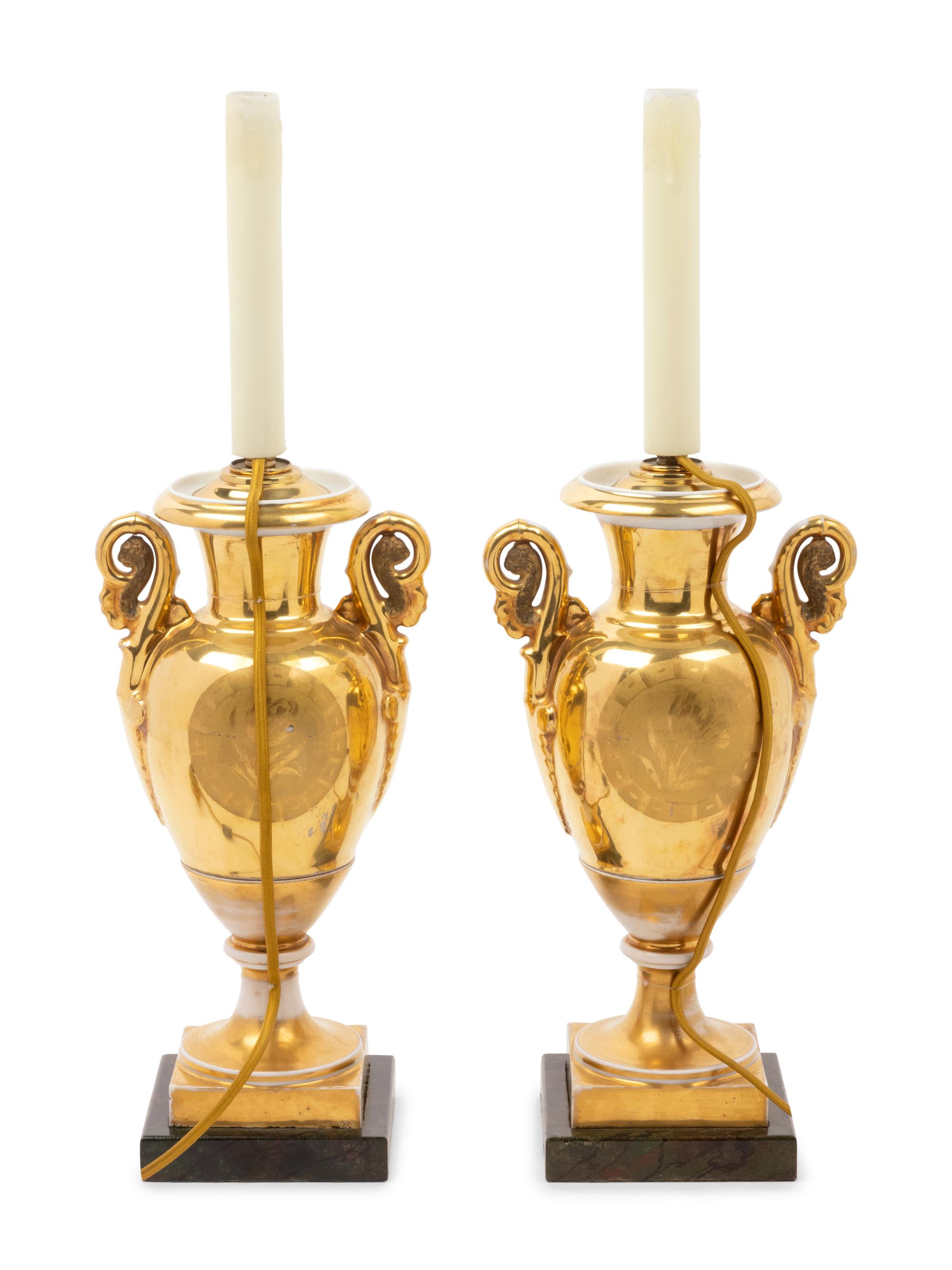 A Pair of Paris Porcelain Gold Ground Vases Mounted as Lamps with Faux Marble Bases and Silk Shades
