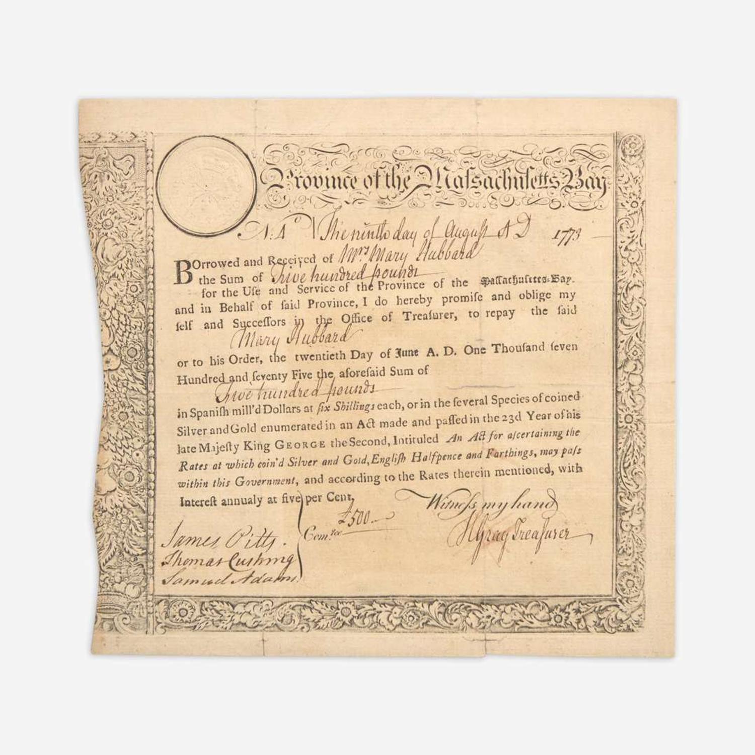 Adams, Samuel Partially-Printed Province of the Massachusetts Bay Bond