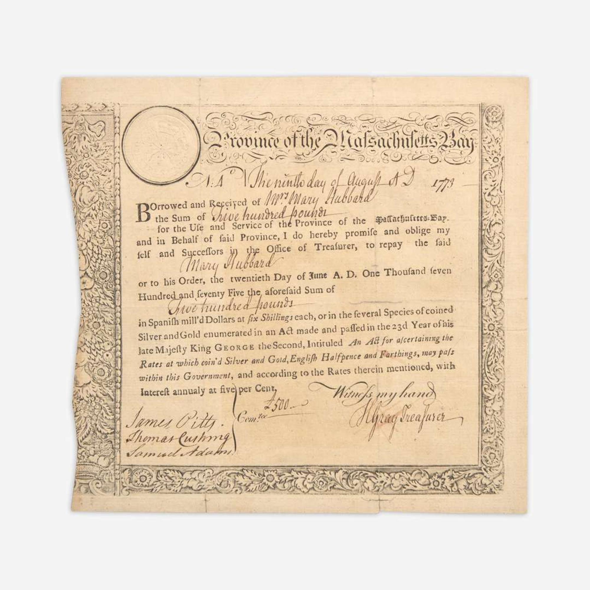 Adams, Samuel Partially-Printed Province of the Massachusetts Bay Bond