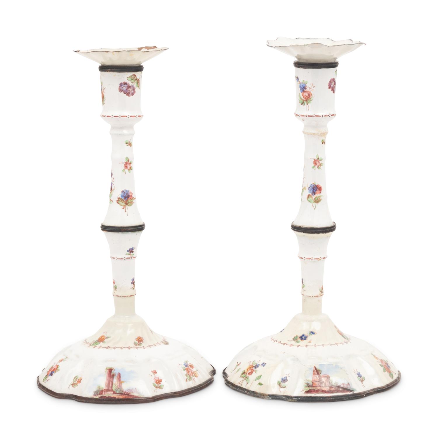 A Pair of English Enameled Candlesticks