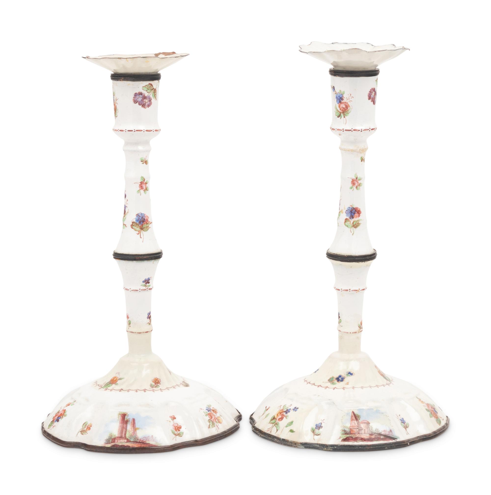 A Pair of English Enameled Candlesticks