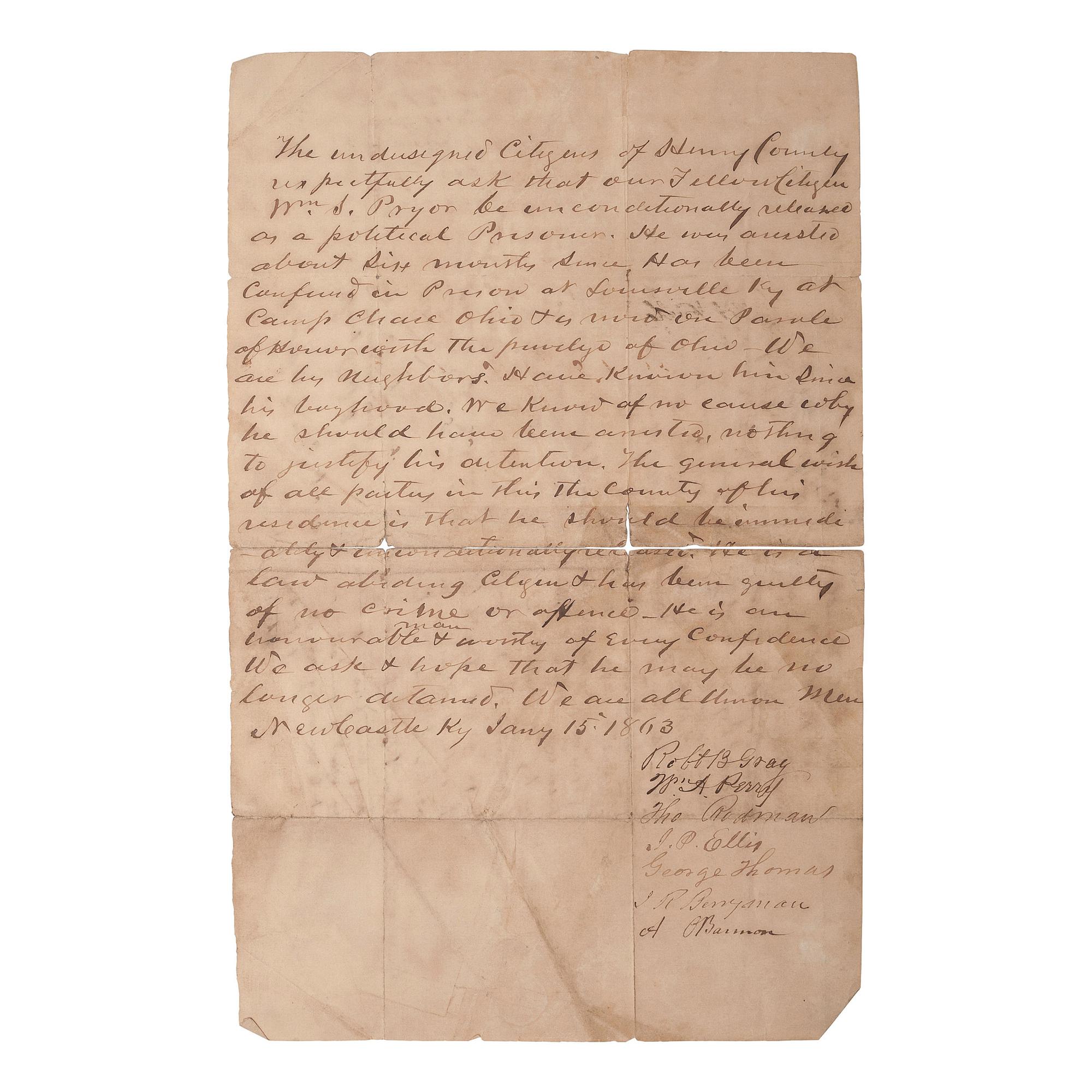 [CIVIL WAR]. Letter from citizens of Henry County, Kentucky, requesting the release of "political prisoner" William S. Pryor. New Castle, KY, 15 January 1863.
