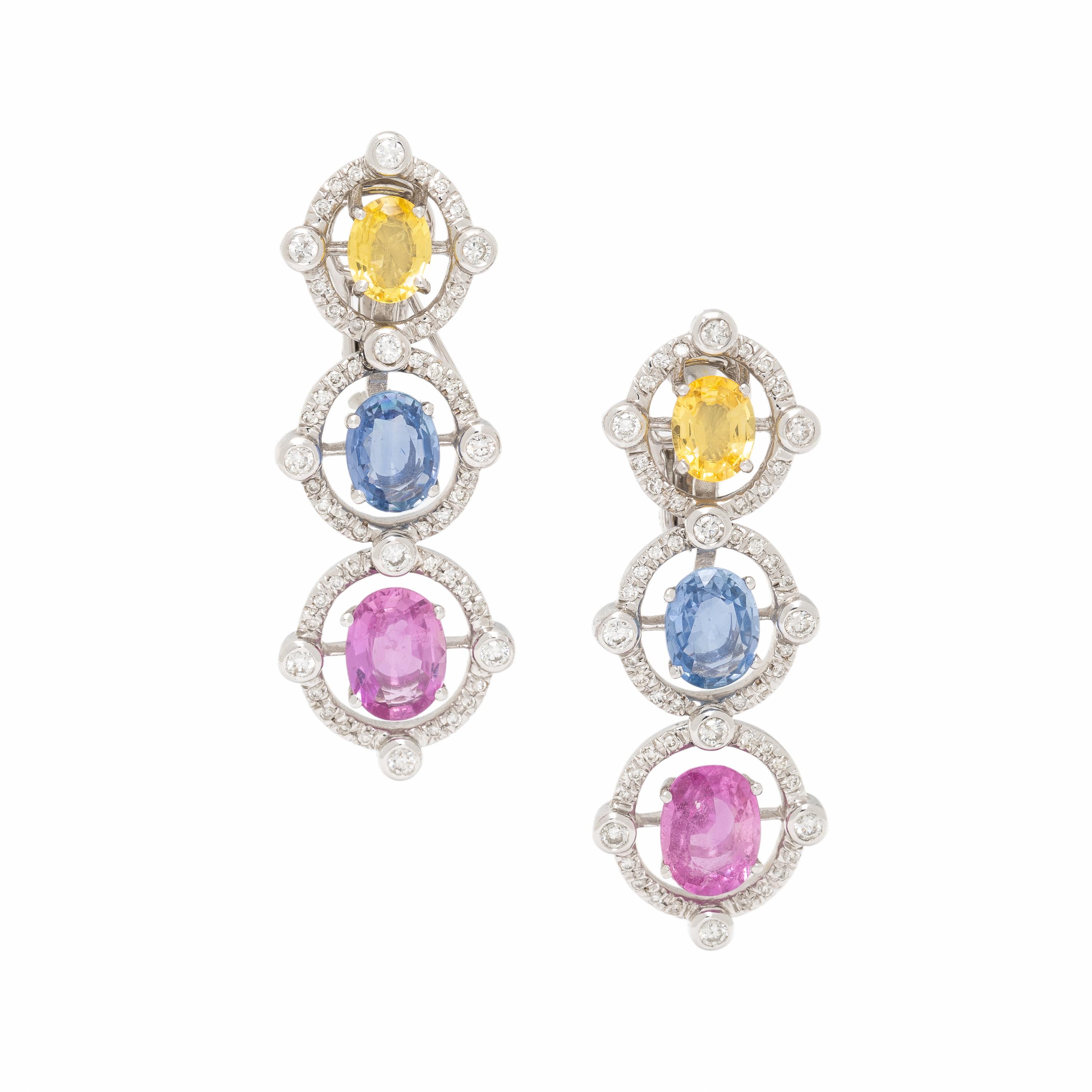 Multi Colored Sapphire, Diamond, and White Gold Earrings