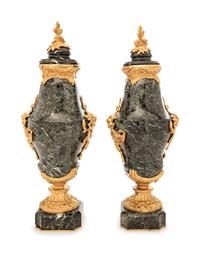 A Pair of Continental Gilt Bronze Mounted Marble Urns