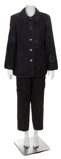 A Koos Black Silk Jacket and Pant Ensemble, Jacket size medium.