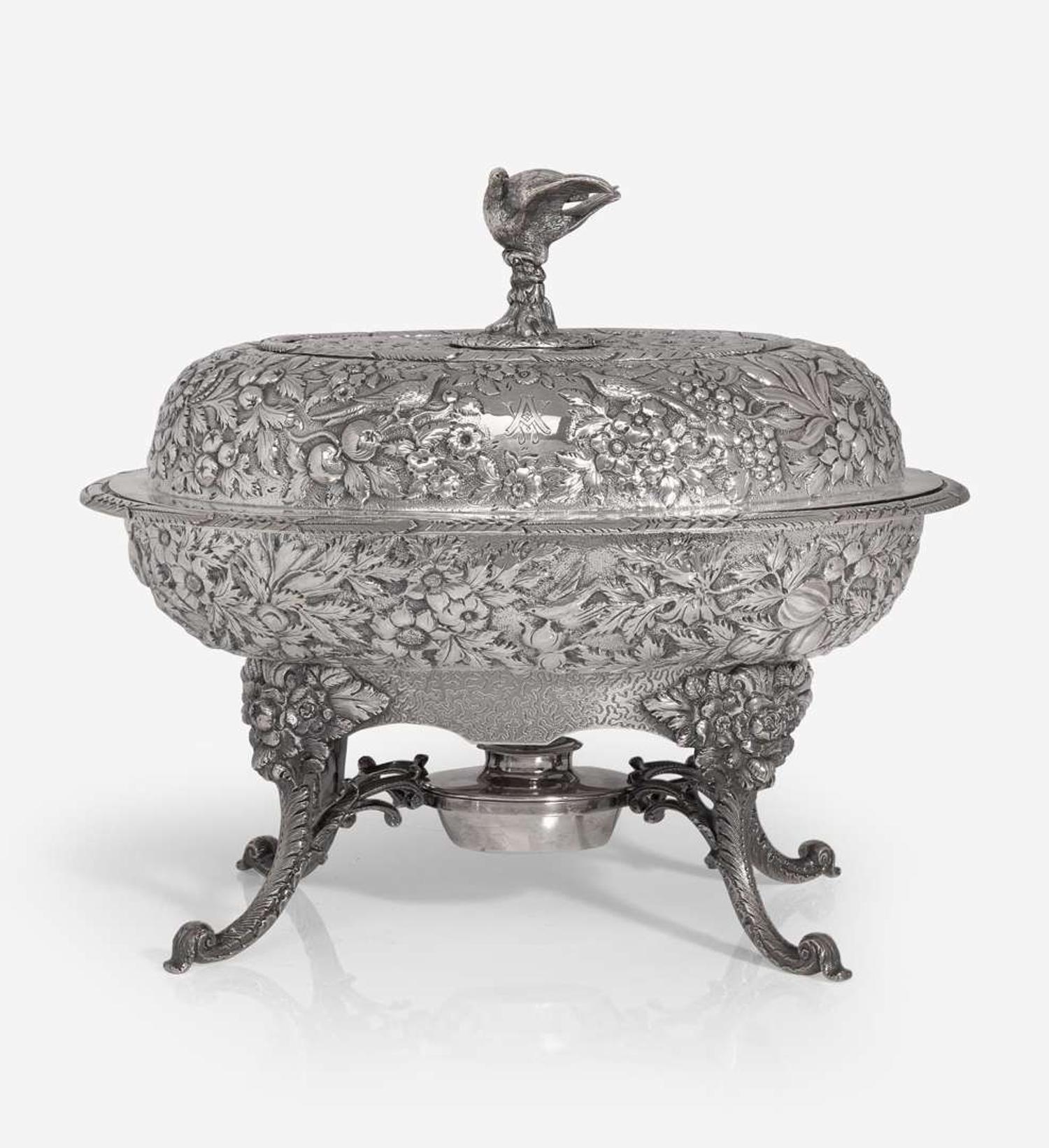 A coin silver floral repoussé covered warming dish on stand S. Kirk & Sons, Baltimore, MD, 1861-1868