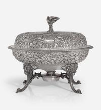 A coin silver floral repoussé covered warming dish on stand S. Kirk & Sons, Baltimore, MD, 1861-1868