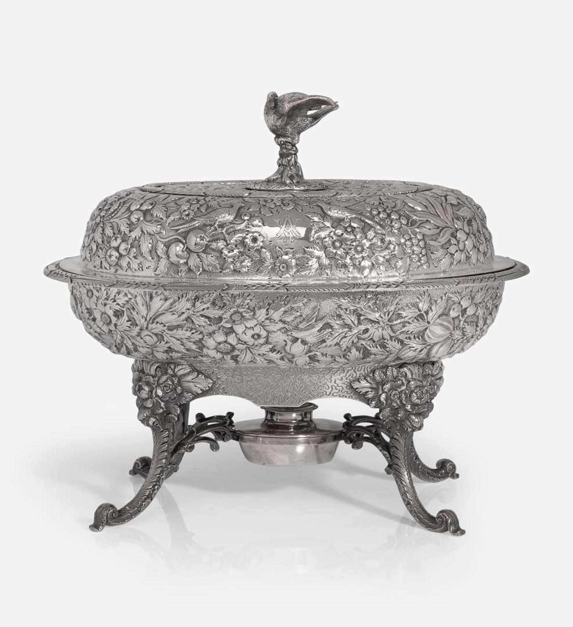 A coin silver floral repoussé covered warming dish on stand S. Kirk & Sons, Baltimore, MD, 1861-1868