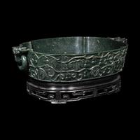 A Chinese Spinach Jade Marriage Bowl, Late Qing/Republic Period 晚清/民國 碧玉雕福祿萬代雙蝠活耳洗