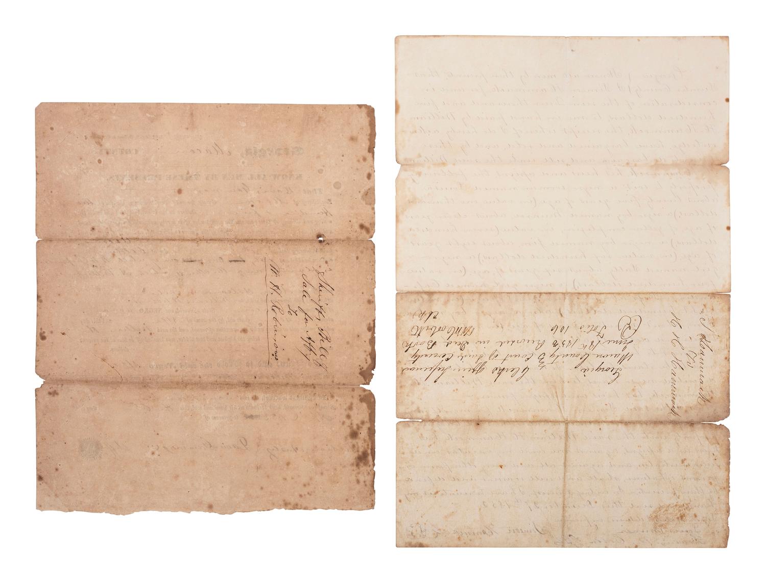 [SLAVERY & ABOLITION]. Two bills of sale for enslaved persons in Georgia, including a scarce Sheriff's Bill of Sale, 1852.