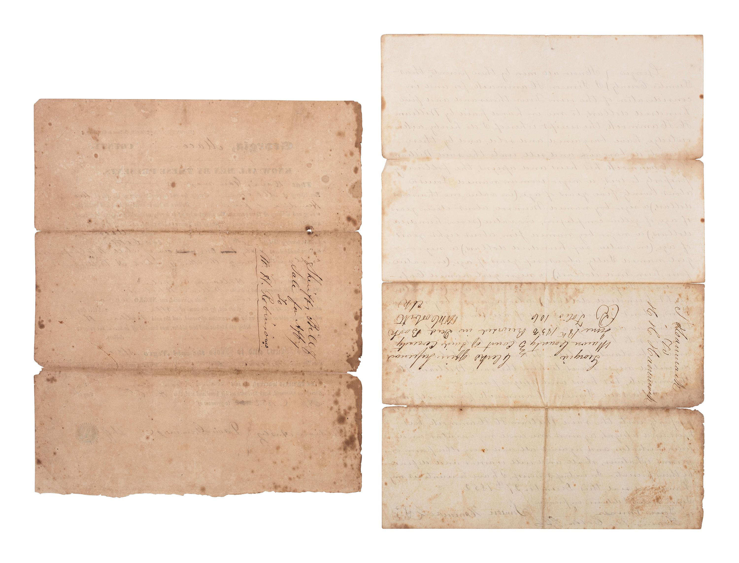 [SLAVERY & ABOLITION]. Two bills of sale for enslaved persons in Georgia, including a scarce Sheriff's Bill of Sale, 1852.