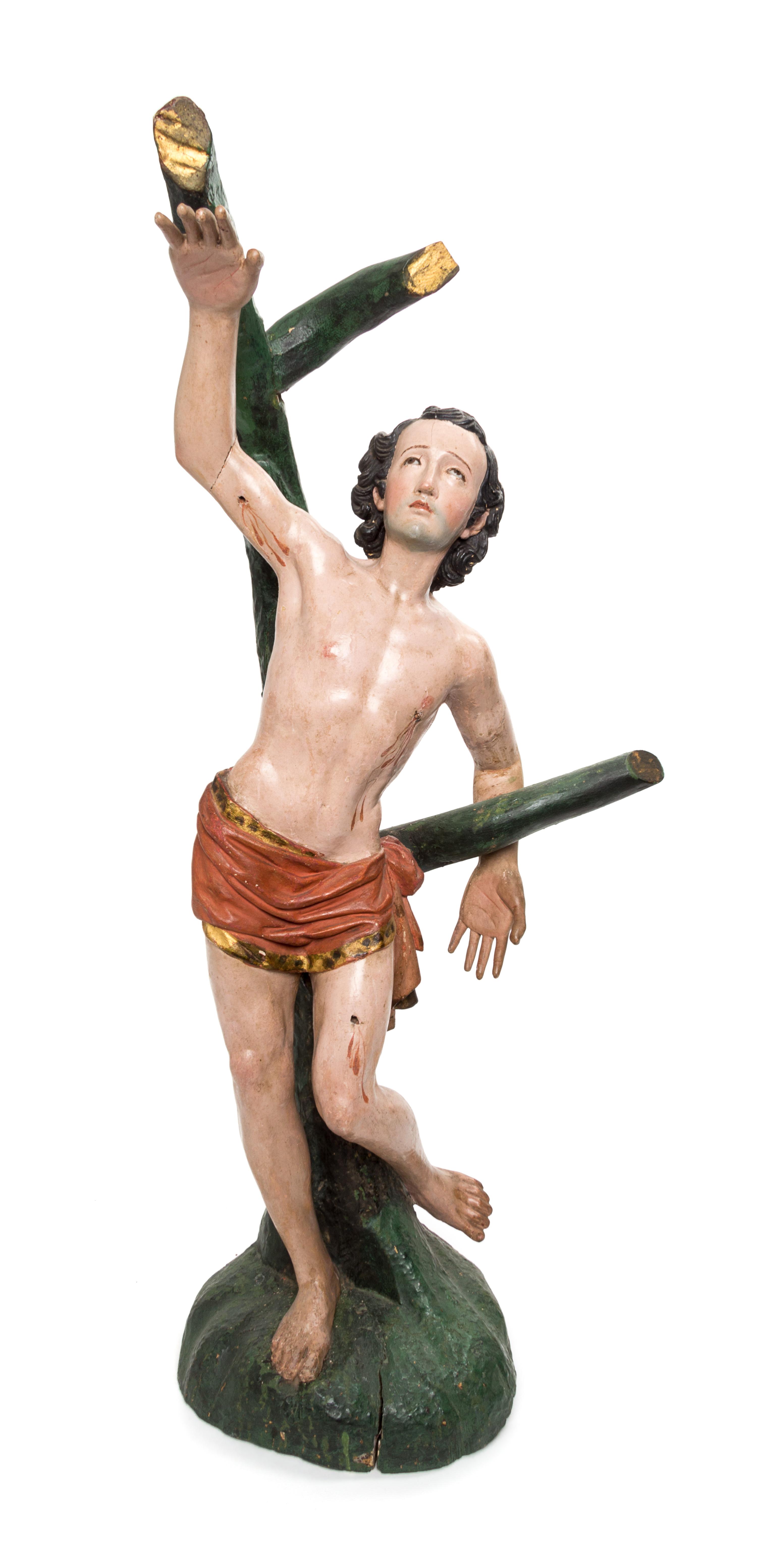 A Carved and Painted Wood Figure Height 31 1/4 inches.