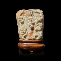 A Small Chinese "Chicken Bone" Jade "Pine" Brush Pot, Qing Dynasty — 清 鸡骨白玉雕松柏纹笔筒