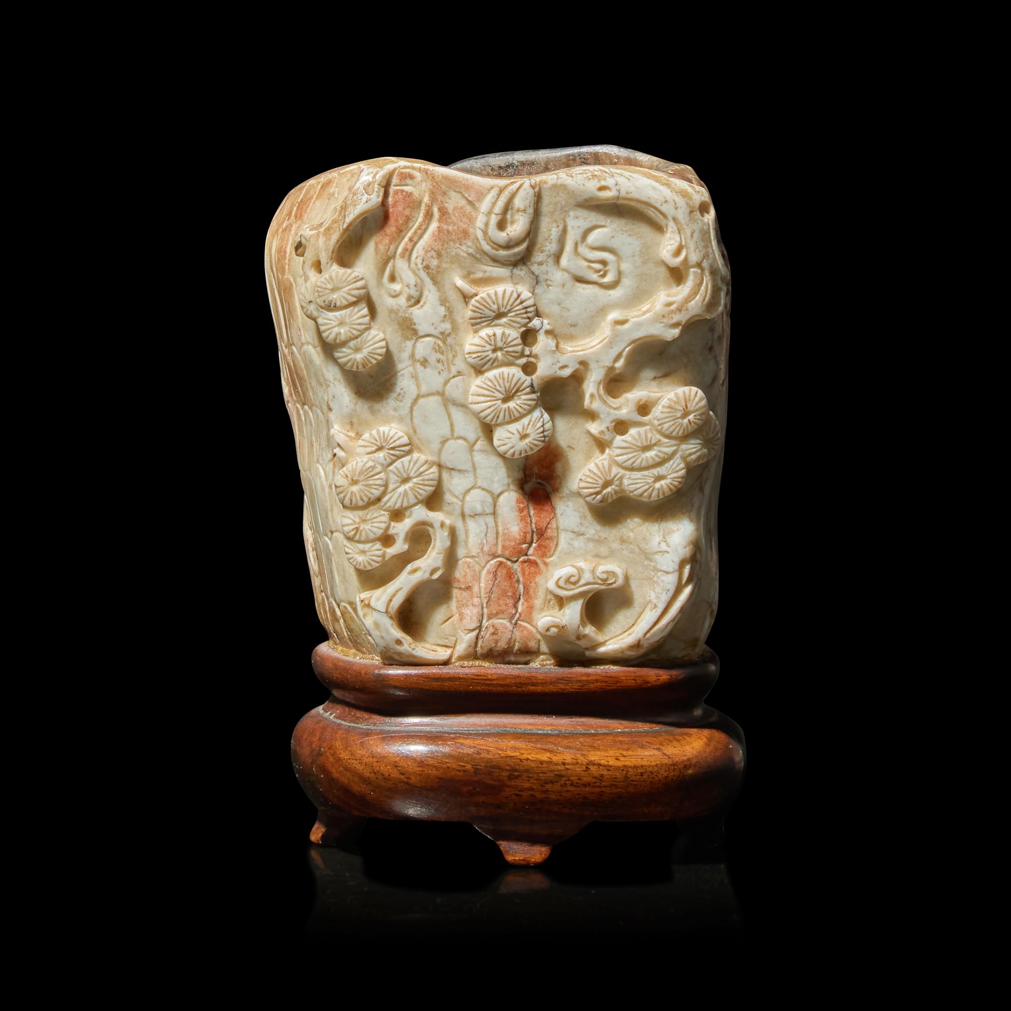 A Small Chinese "Chicken Bone" Jade "Pine" Brush Pot, Qing Dynasty — 清 鸡骨白玉雕松柏纹笔筒