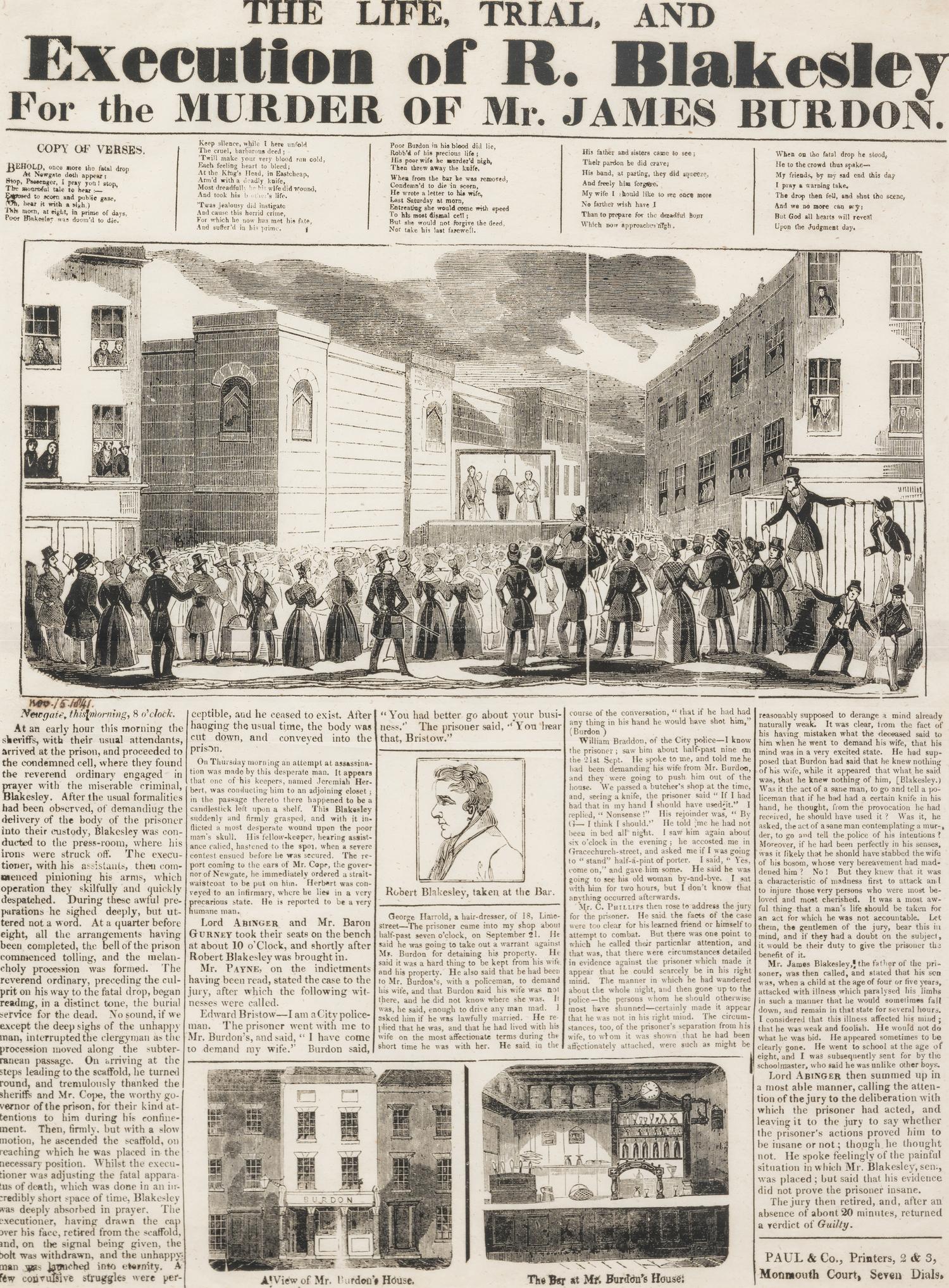 [CRIME]. The Life, Trial, and Execution of R. Blakesley For the Murder of Mr. James Burdon . Seven Dials: Paul & Co., [1841].