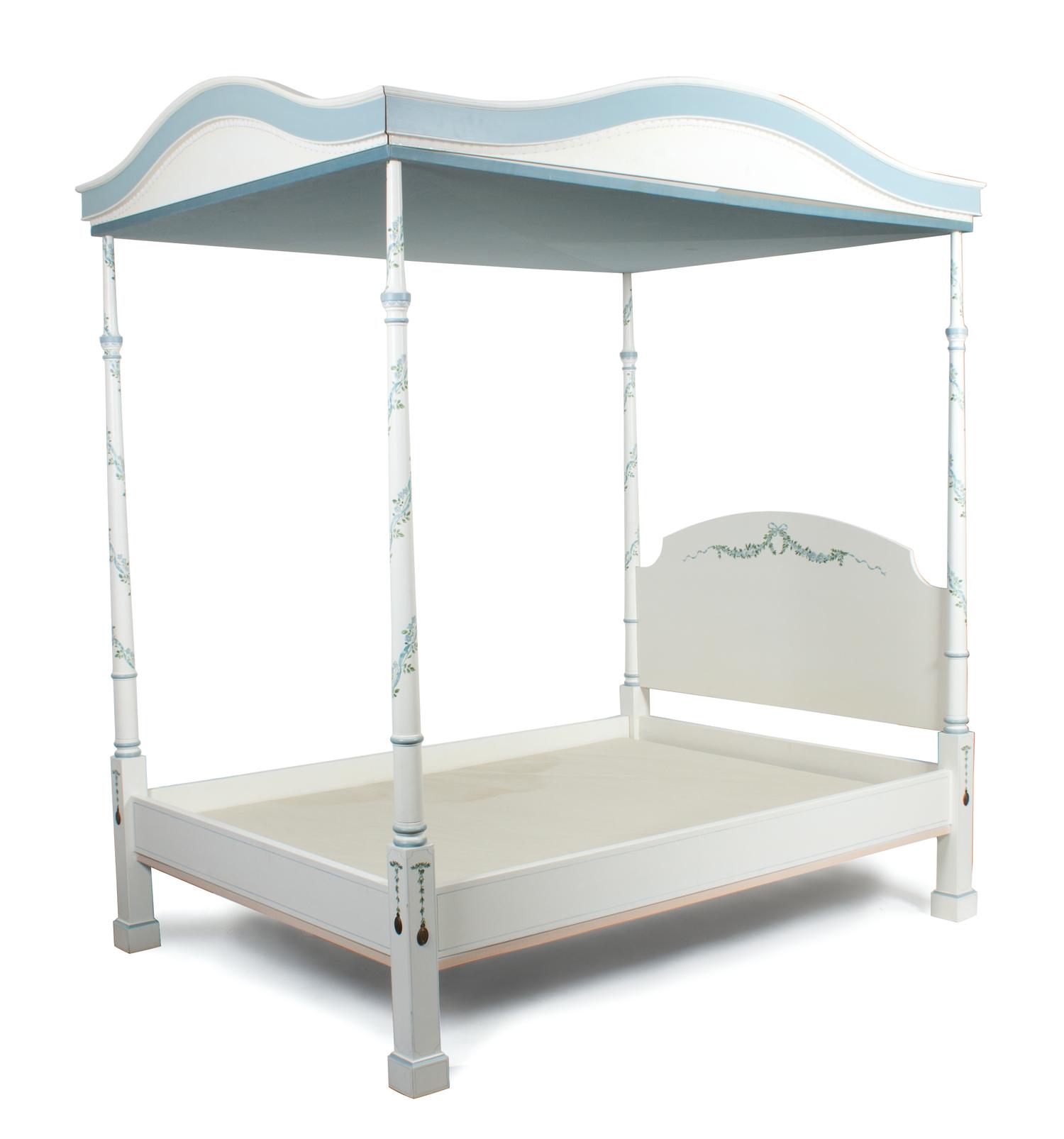 A Blue and White Painted Canopy Bed with Hangings Length 88 x width 65 inches. — 20TH CENTURY