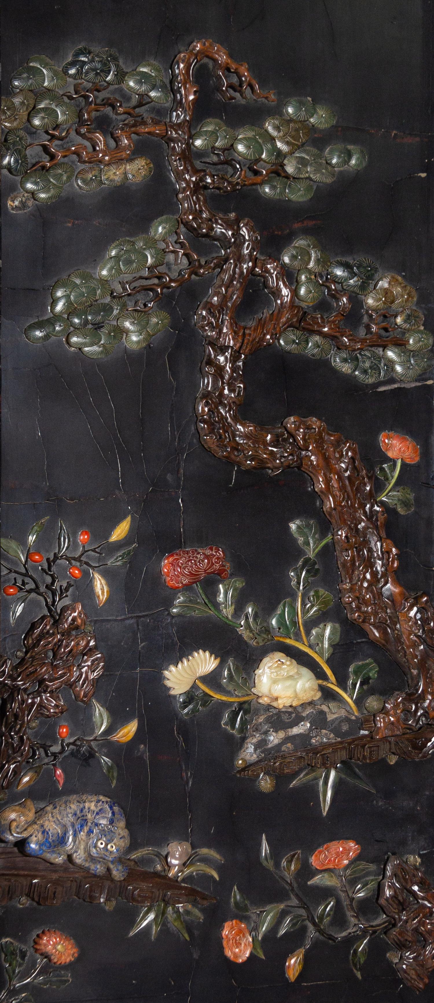 An Embellished and Gilt Decorated Black Lacquered Six-Panel Floor Screen