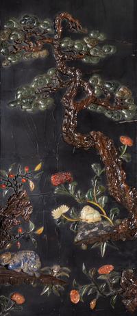 An Embellished and Gilt Decorated Black Lacquered Six-Panel Floor Screen